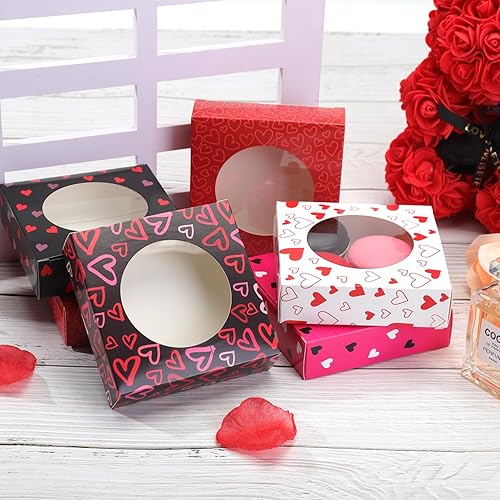 Miniatura 6 de Bssay 60 cajas de jabón de 4.3 x 4.3 x 1.2 pulgadas, cajas de panadería de San Valentín con ventana redonda transparente para panadería, galletas,