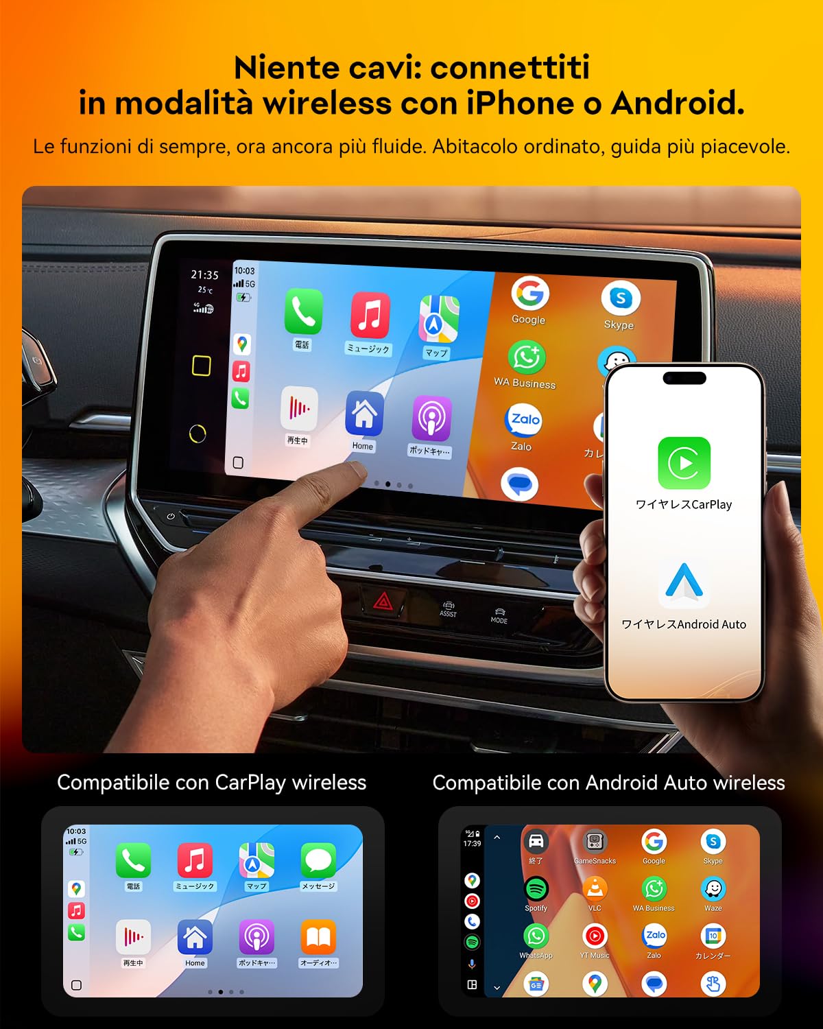 YolanAuto AI Box 2025 per auto con Android 13, CarPlay wireless & Android Auto, 8-core Qualcomm, YouTube/Netflix/Google Play Store, OTA Update – Solo per auto con CarPlay cablato