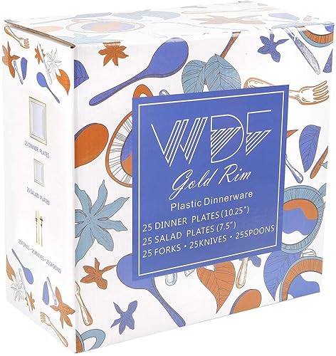 Miniatura 7 de WDF Vajilla de125 piezas de plástico desechable platos cuadrados con borde dorado 25 platos extendidos, 25 platos de ensalada, 25 tenedores, 25