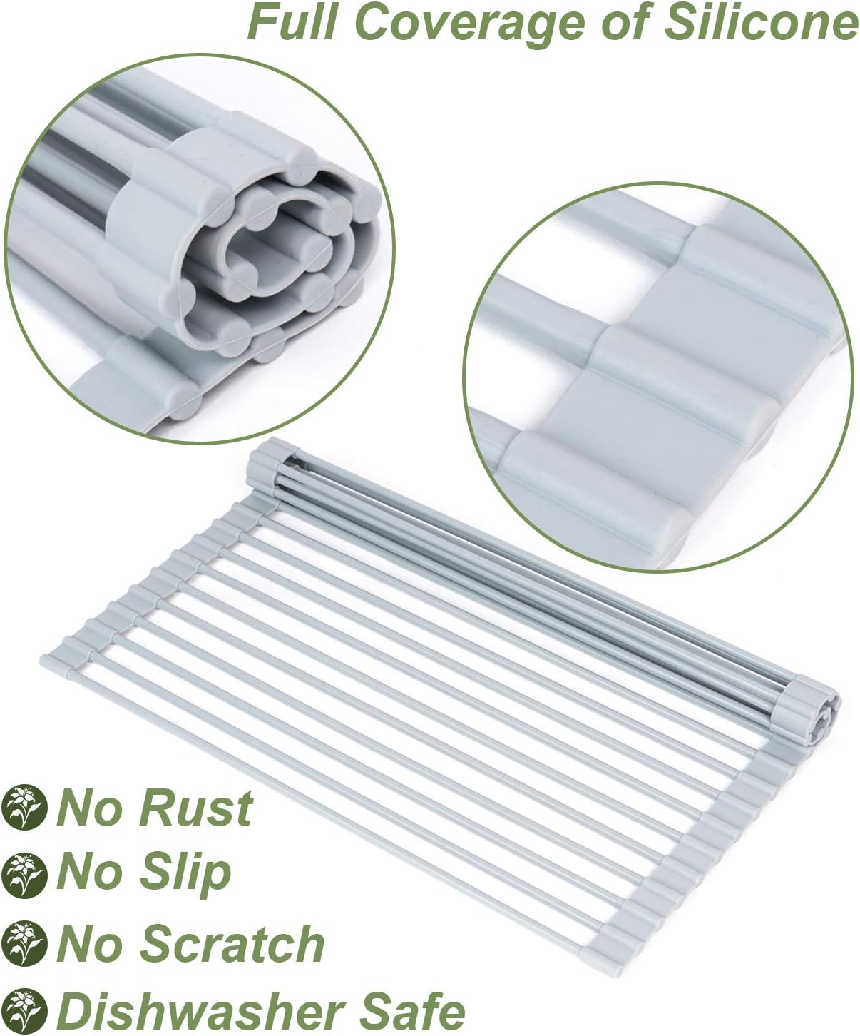 X Home Large Roll Up Dish Drying Rack, 20.5 x 13 Inch Silicone Coated Foldable Dish Rack Over The Sink for Kitchen, Gray