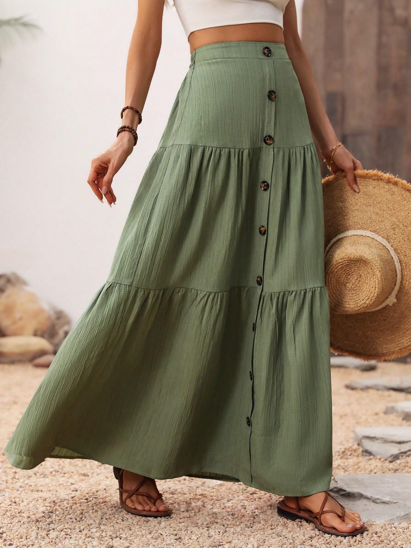 Faldas largas de mujer Solid Color Front Button Long Skirt High Waist Ruffle Hem falda del club