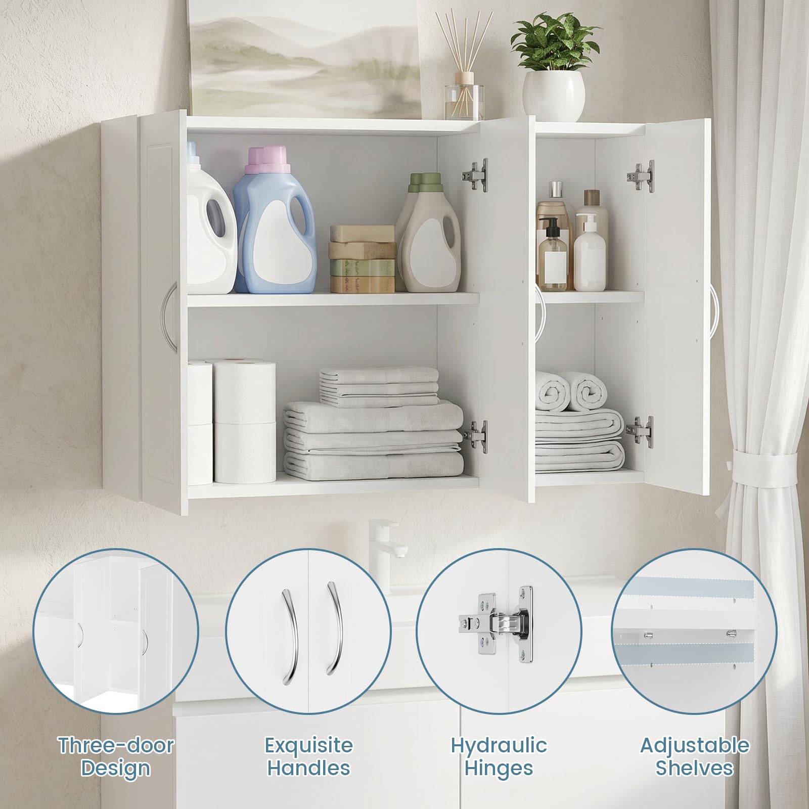 Mueble de baño suspendido 60x30x90 cm Blanco | Estantes ajustables, melamina resistente a la humedad, desmontable, antibalanceo, fácil montaje, baño, cocina, entrada