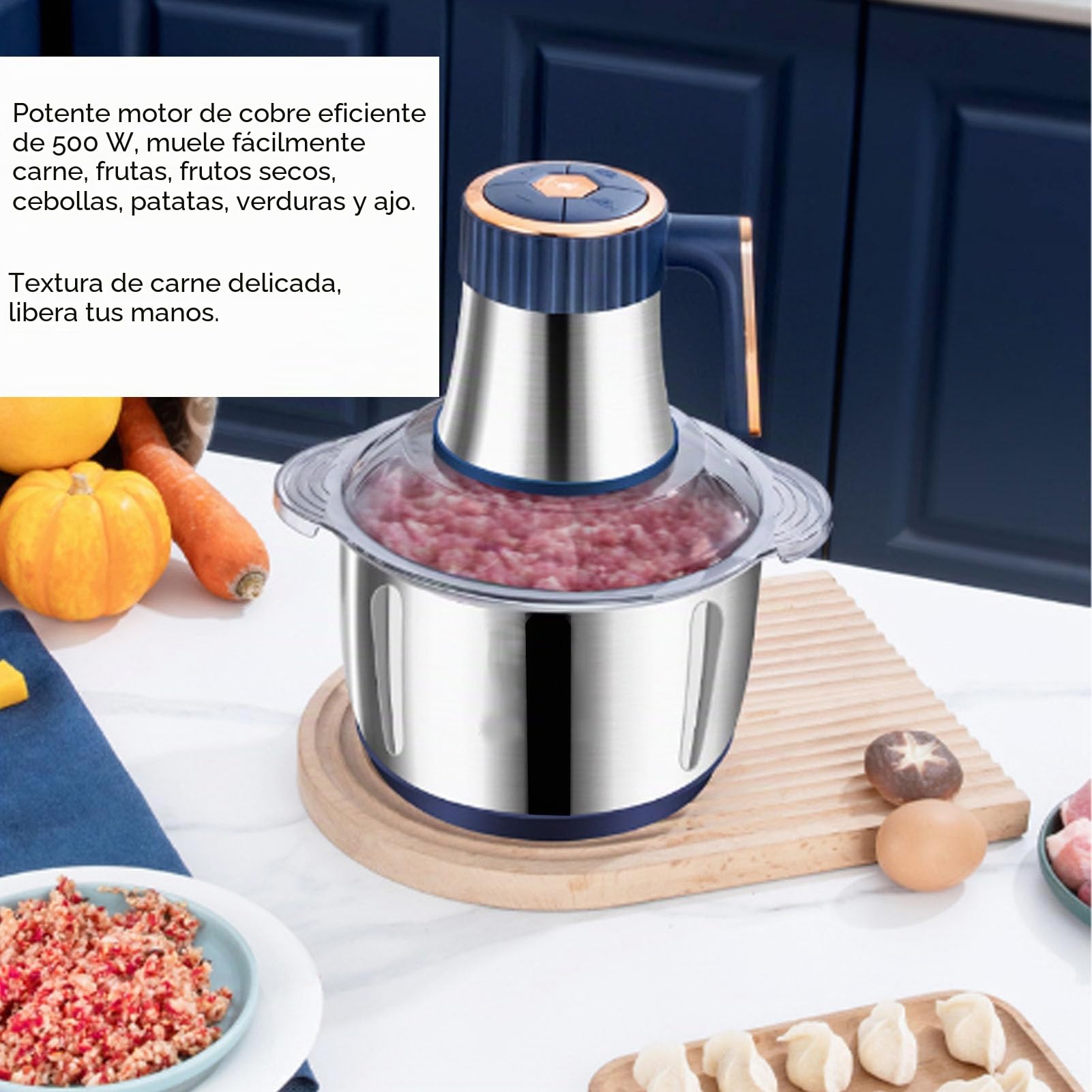 Picadora de Carne Eléctrica de 500 W con Recipiente de Acero Inoxidable de 5 L, Motor de Cobre para Cocina, Carne, Verduras, Cebolla, Ajo, Ensalada, Frutas, Nueces, Ligero y
