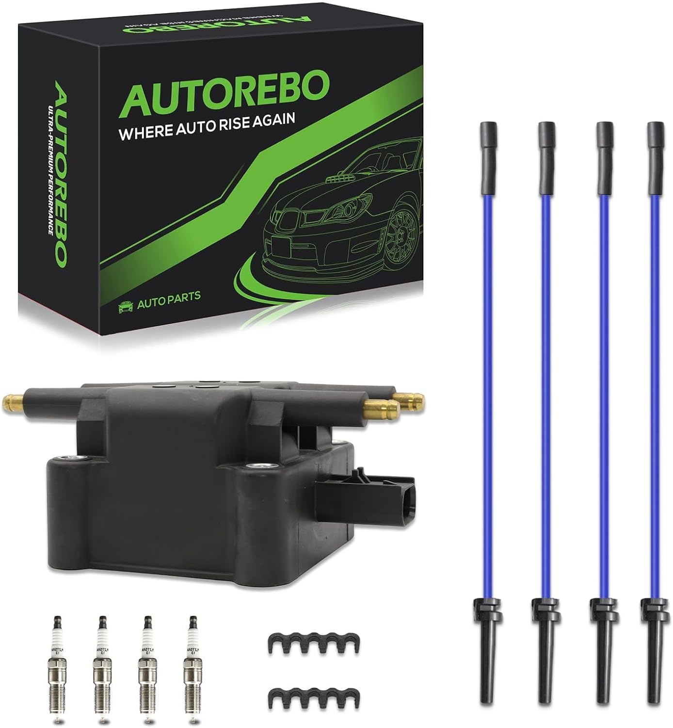 Set of 1 Ignition Coils Pack UF403 MO5269670 with 4 Iridium Spark Plugs and Spark plug Wire Set Compatible with Dodge Caravan Stratus Chrysler PT Cruiser Sebring Voyager 2.4L