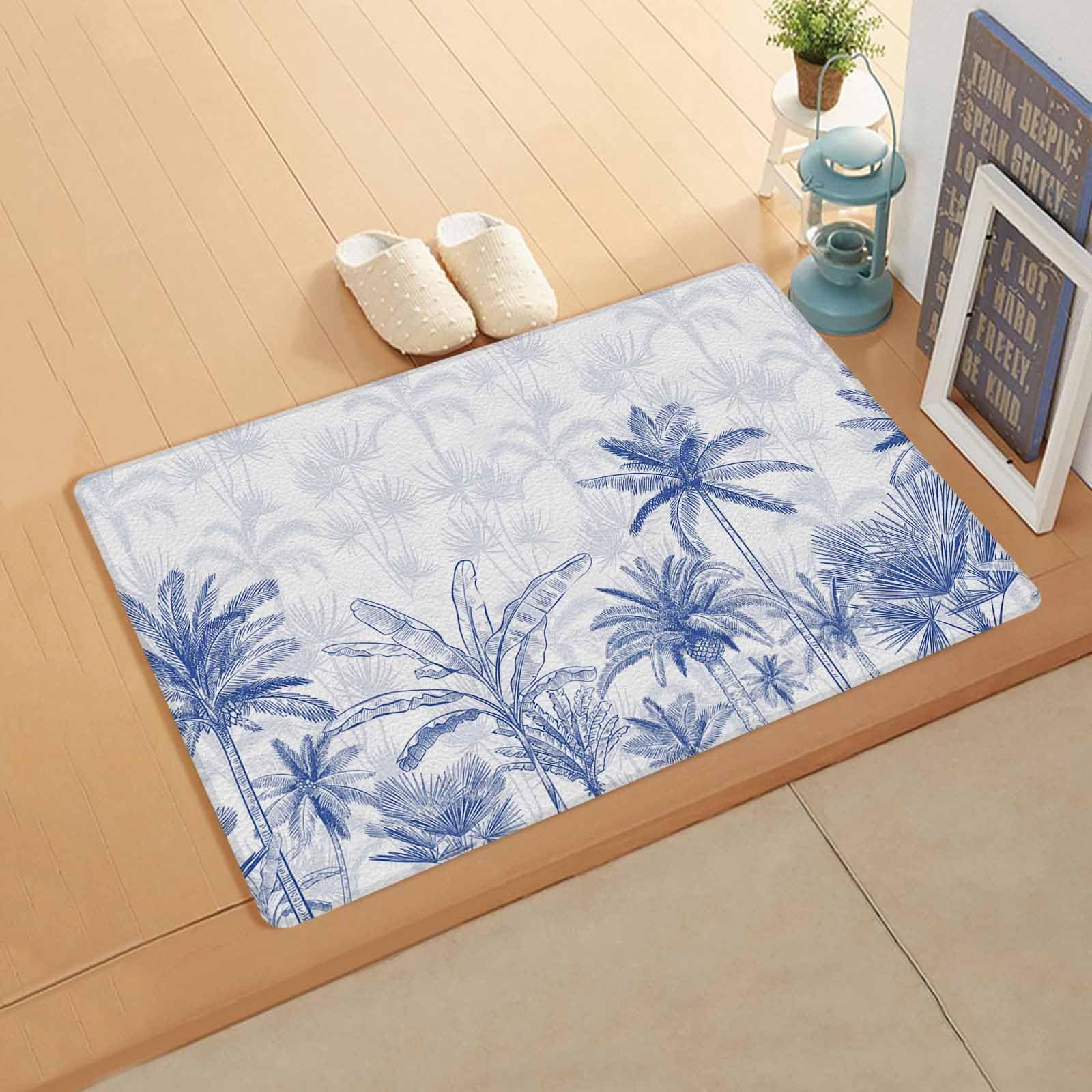 Blue Palm Tree Antifatigue Kitchen Bath Door Mat Cushioned Runner Rug,Washable Welcome Floor Sink Mat,Waterproof & Non-Slip Kitchen Standing Doormat,Summer Tropical Banana Leaf Forest Beach 18