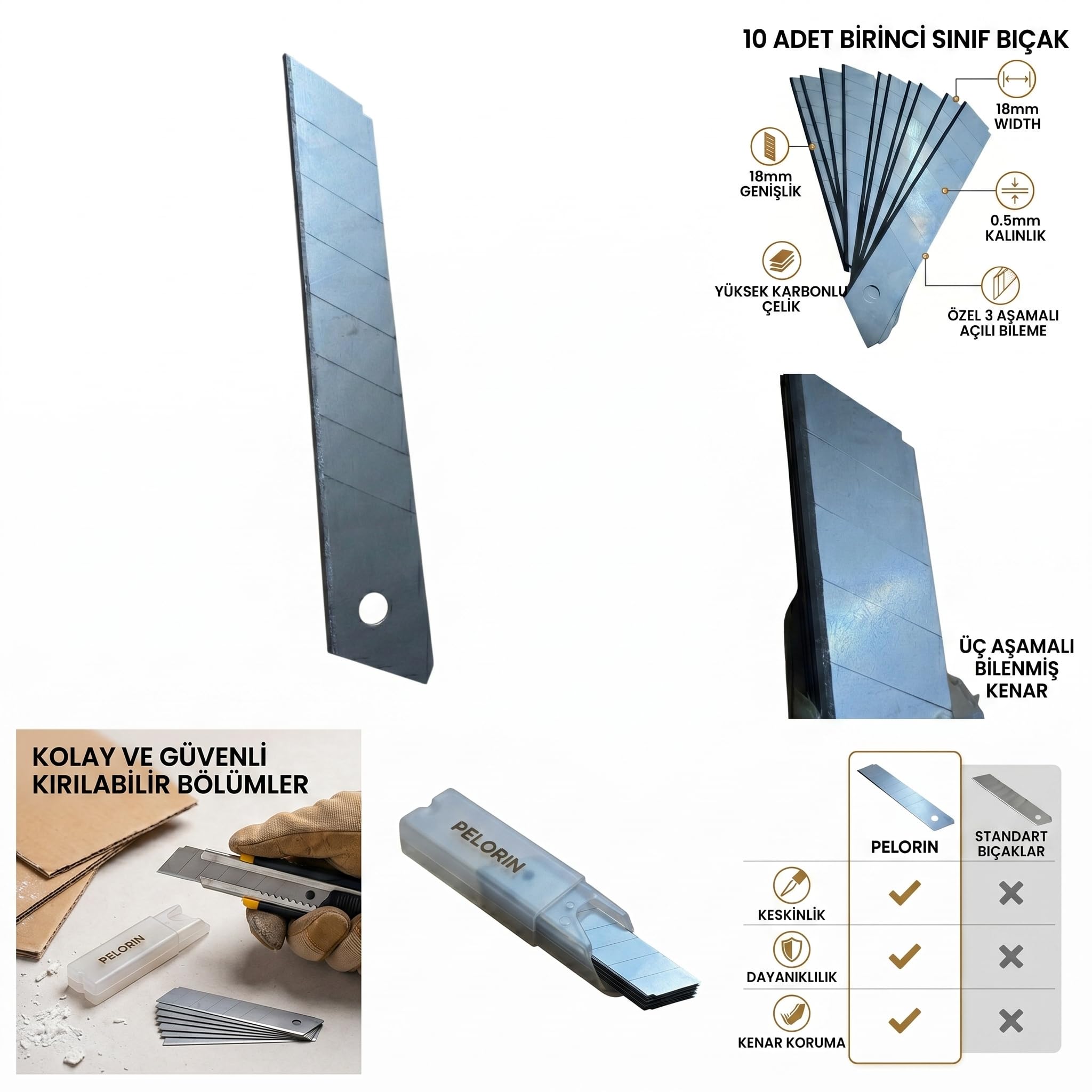Maket Bıçağı Yedek Ağzı, Karbon Çelik, 18mm Genişlik, 0.5mm Kalınlık, 3 Aşamalı Bilenmiş Kenar, 10'lu Paket