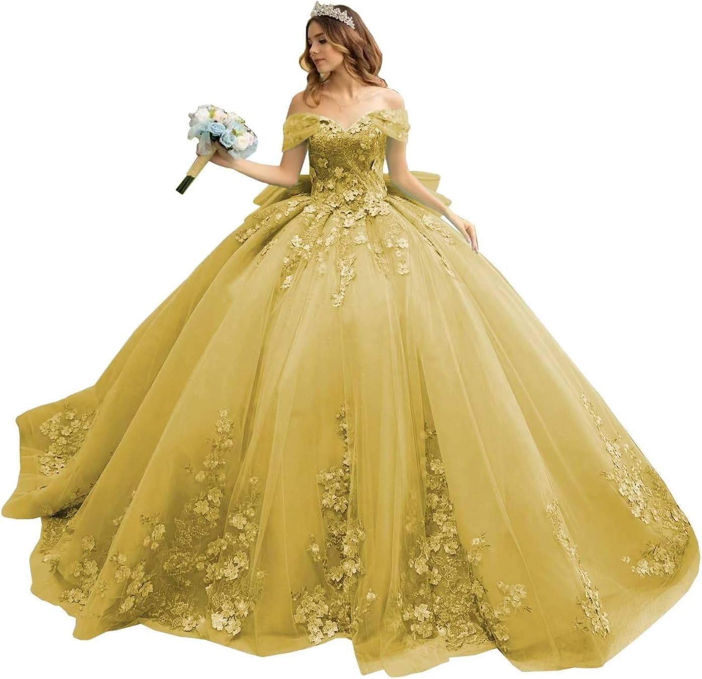 Fuomomo 3D Floral Quinceanera Dress Sweet 16 Dresses Puffy Tulle Sparkly Off Shoulder Lace Prom Dress MT025 Gold