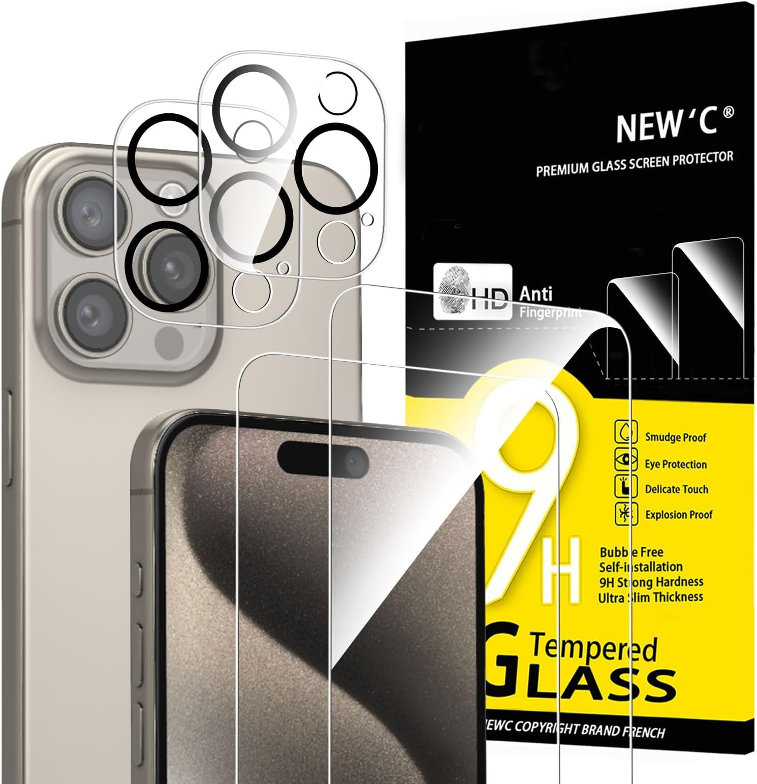 NEW'C 4 Pack, 2 Pack for iPhone 15 Pro Max Screen Protector (6.7 inch) + 2 Pack Camera Lens Protector, Sensor Protection,Case Friendly Tempered Glass Film