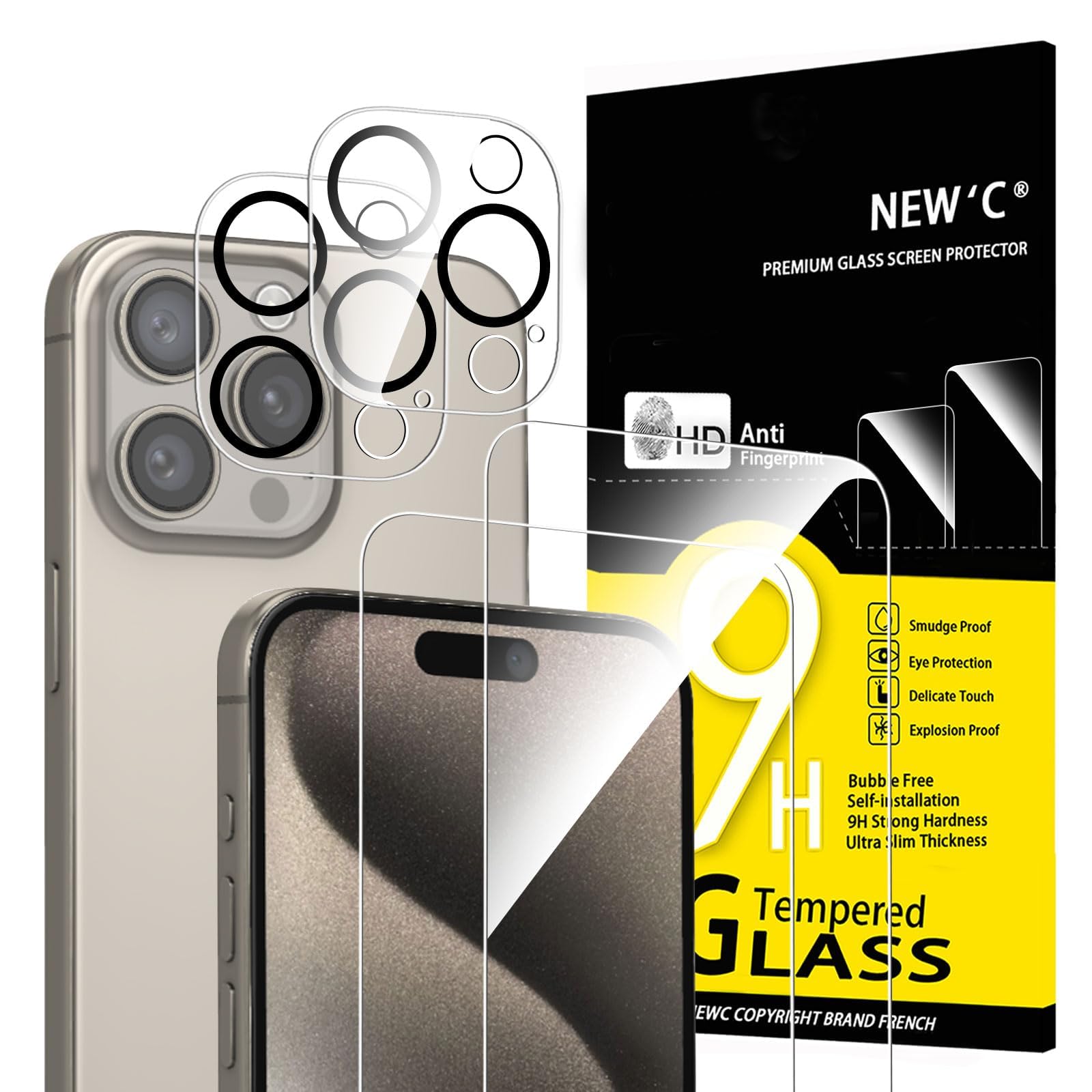 NEW'C 4 Pack, 2 Pack for iPhone 15 Pro Max Screen Protector (6.7 inch) + 2 Pack Camera Lens Protector, Sensor Protection,Case Friendly Tempered Glass Film