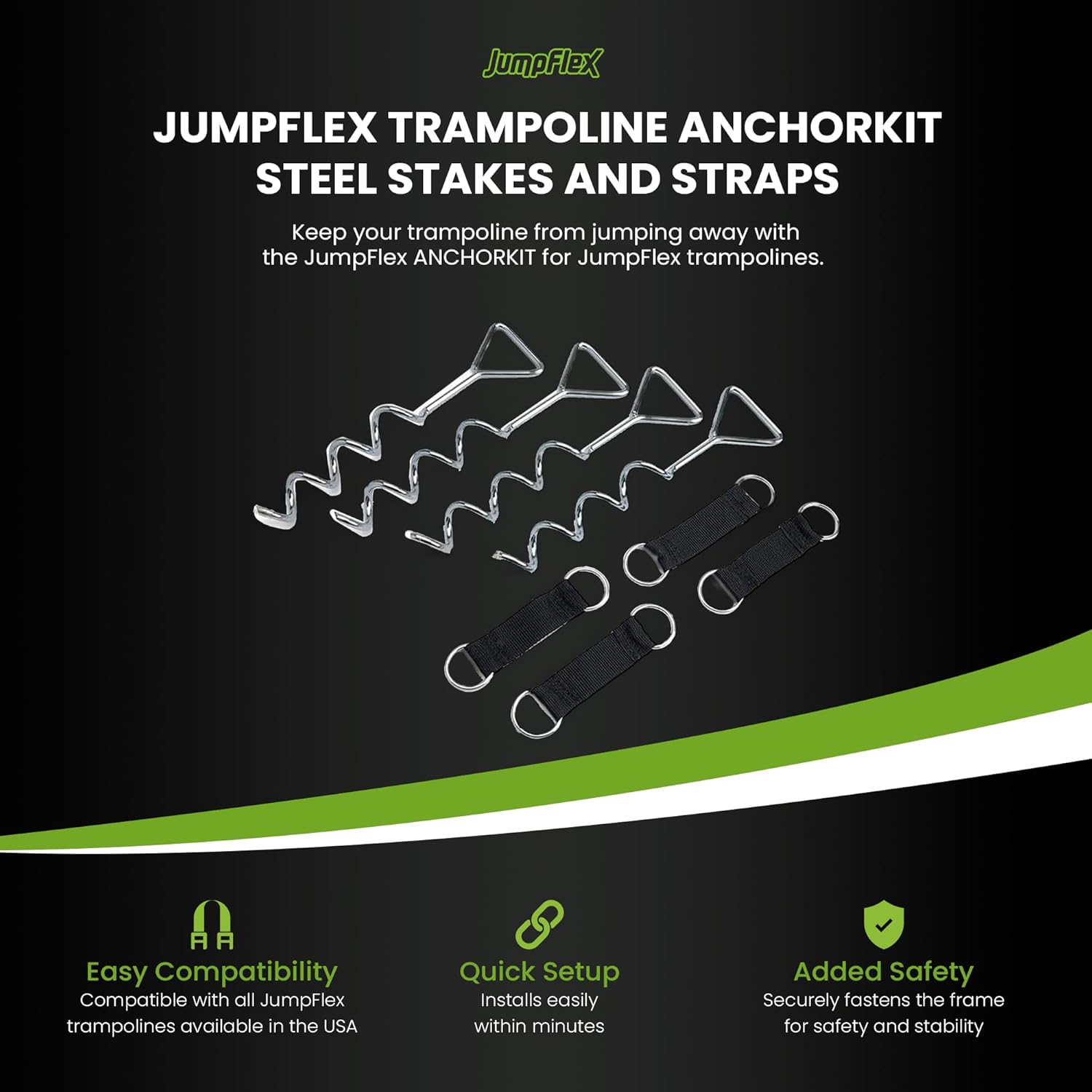 JumpFlex Trampoline ANCHORKIT, Corkscrew Shape Steel Anchoring Stakes, Heavy Duty Outdoor Trampoline Accessory Set for High Winds