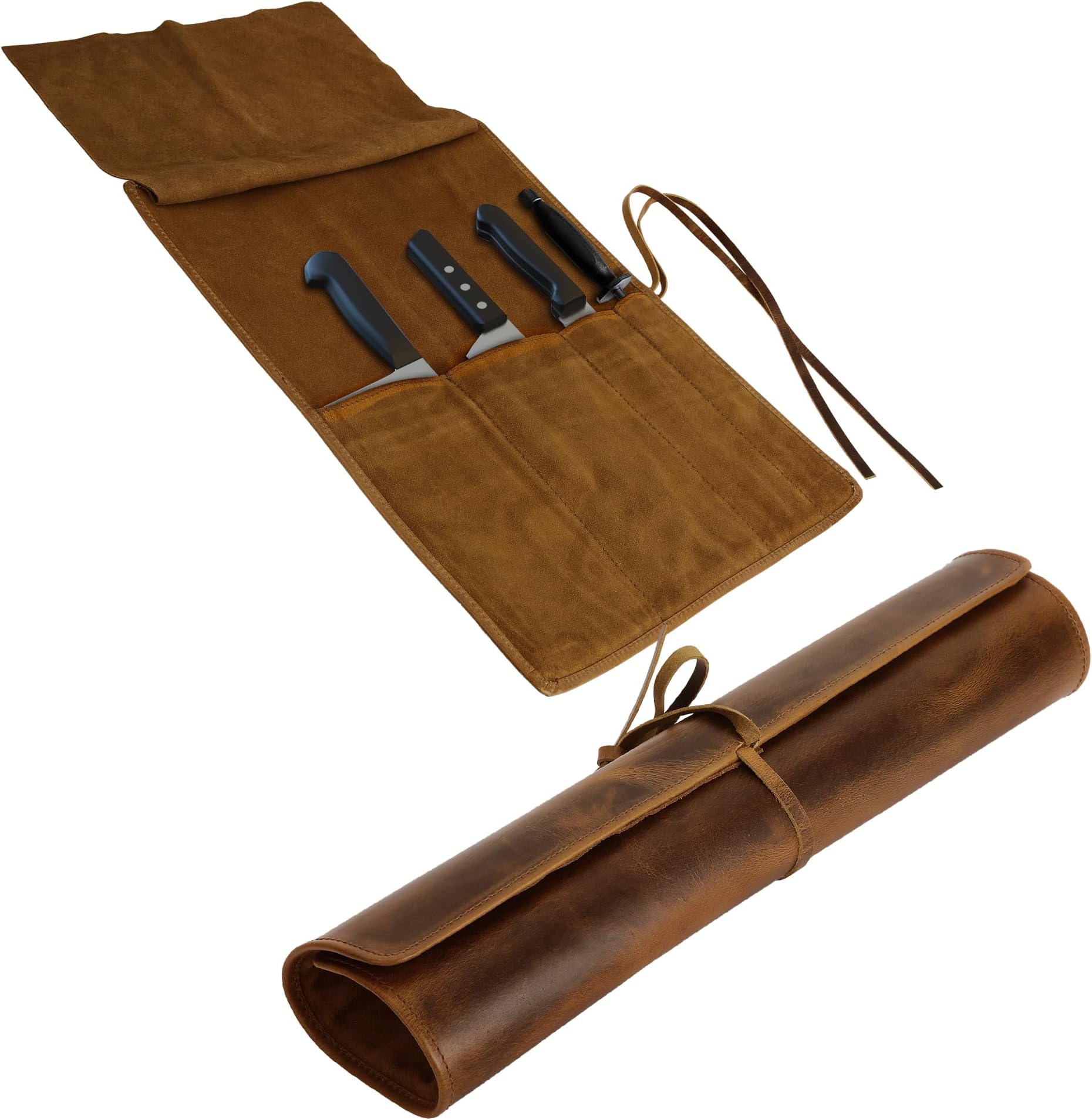ELIZO Genuine Leather Knife Roll Set Small Chef's Knife Case Holder Cutlery Sheath Carrying Case Organizer Storage Bag Travel Friendly Artist Gift for Men & Women Teak