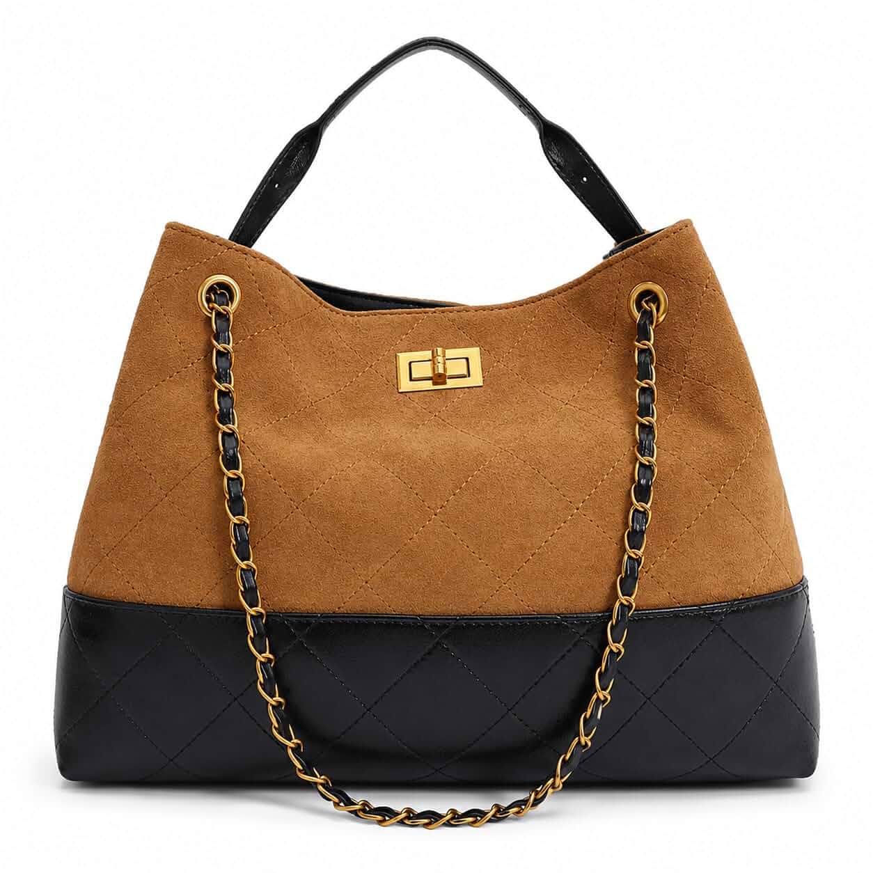 Quilted Two-Tone ToteBag For Women Faux Soft Leather Suede Purse Trendy Vintage Casual Shoulder Handbag With Chain Strap
