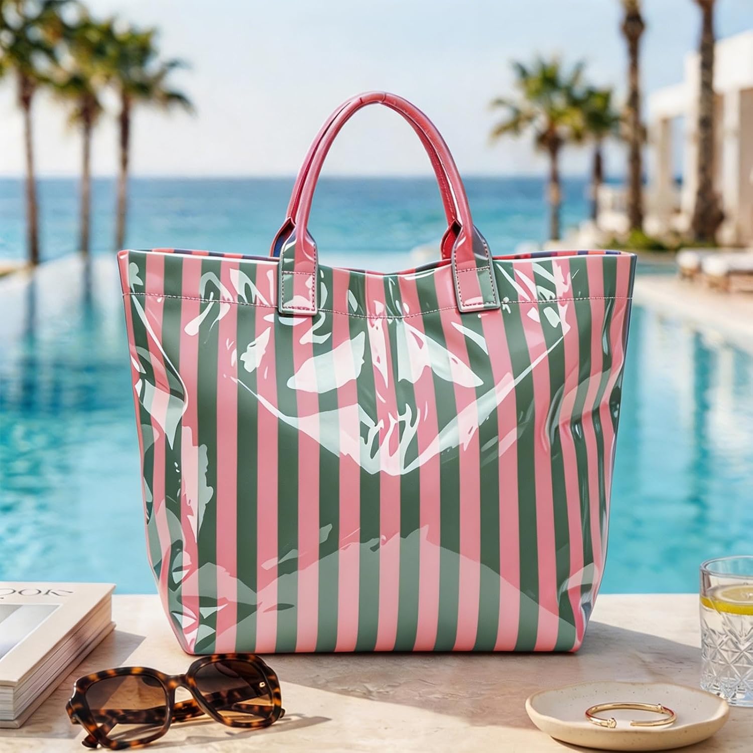 Tote Bag for Women Striped PVC Tote Bag Beach Tote Bags,Waterproof Handbag for Travel,Pool,Summer Travel Vacation Purse