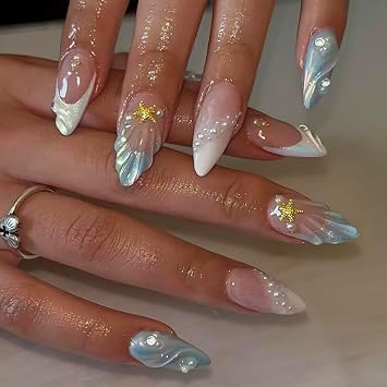 Ocean Shell Press on Nails French Tip Fake Nails with Star Pearl Design 3D Summer Glue on Nail Medium Almond False Nail Glossy Artificial Acrylic Full Cover Stick on Nails for Women Manicure 24Pcs