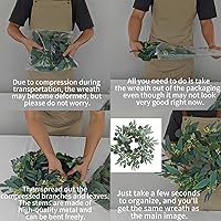 Vista 6 de Corona de eucalipto verde artificial, corona verde de 15 pulgadas con racimos de flores blancas, mini coronas de primavera/verano para decoración