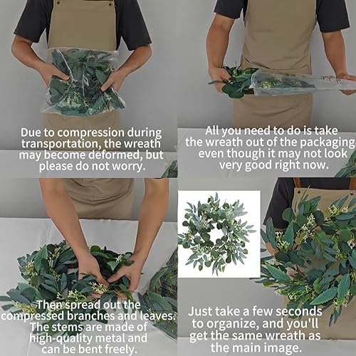 Miniatura 6 de Corona de eucalipto verde artificial, corona verde de 15 pulgadas con racimos de flores blancas, mini coronas de primaveraverano para decoración de