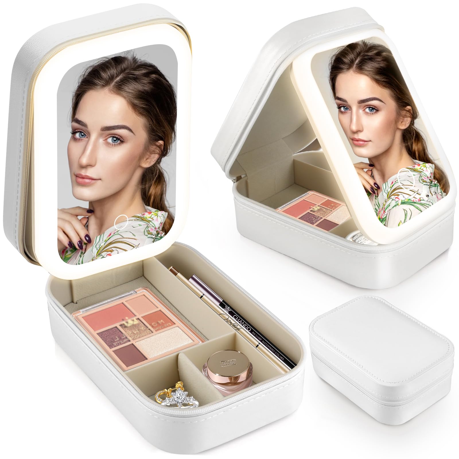 Bolsa de Cosméticos con Espejo Iluminado, Bolsa de Maquillaje Portátil con Espejo, Luz LED de 3 Colores, Bolsa de Maquillaje de Viaje, Bolsa Organizadora de Cosméticos y Herramientas Belleza (Blanco)