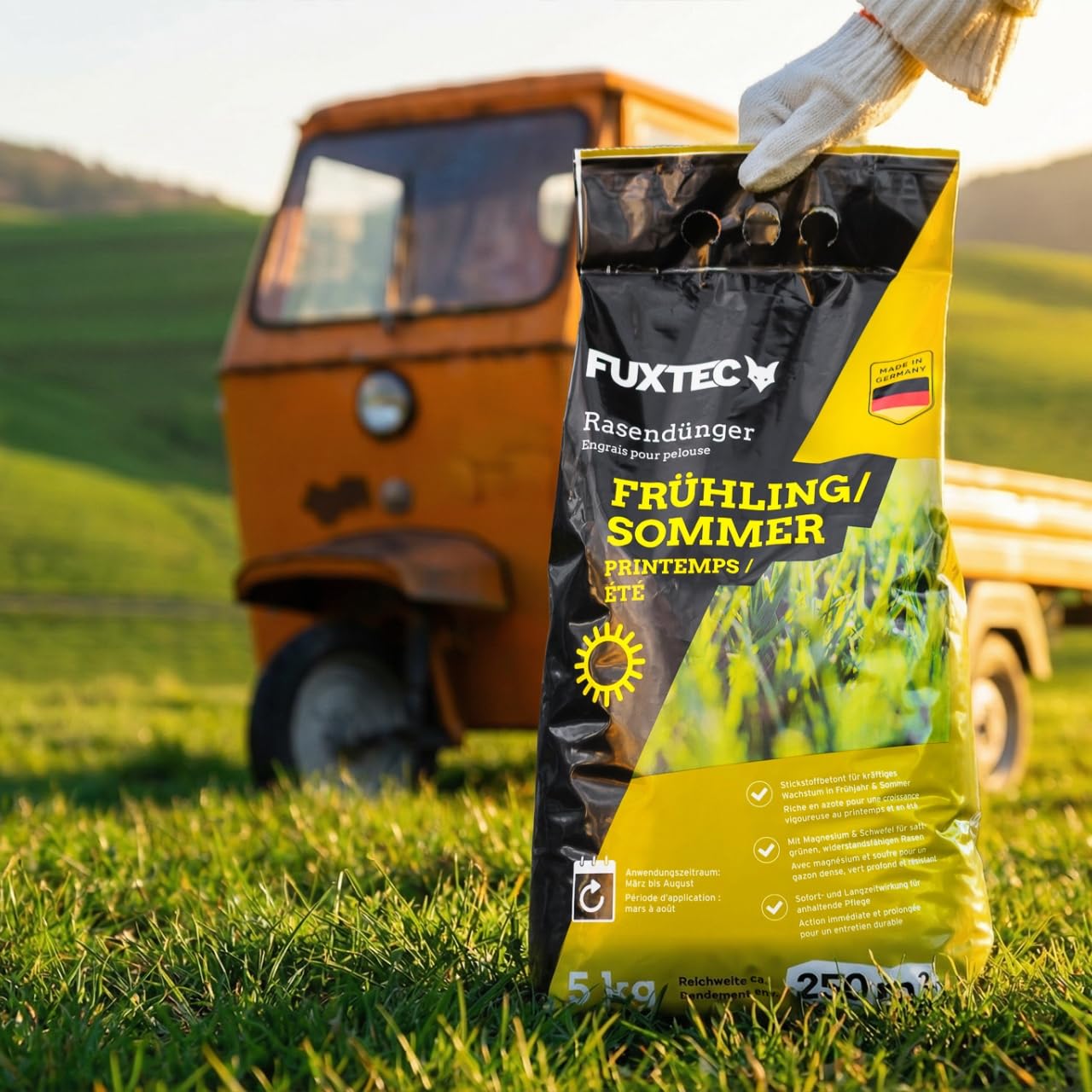FUXTEC Engrais gazon printemps été FX-RDFS20 – 20 kg rendement 1000m2 fertilisant pelouse NPK 12+3+5 organo-minéral – azote à libération progressive – magnésium et soufre – granulés fins