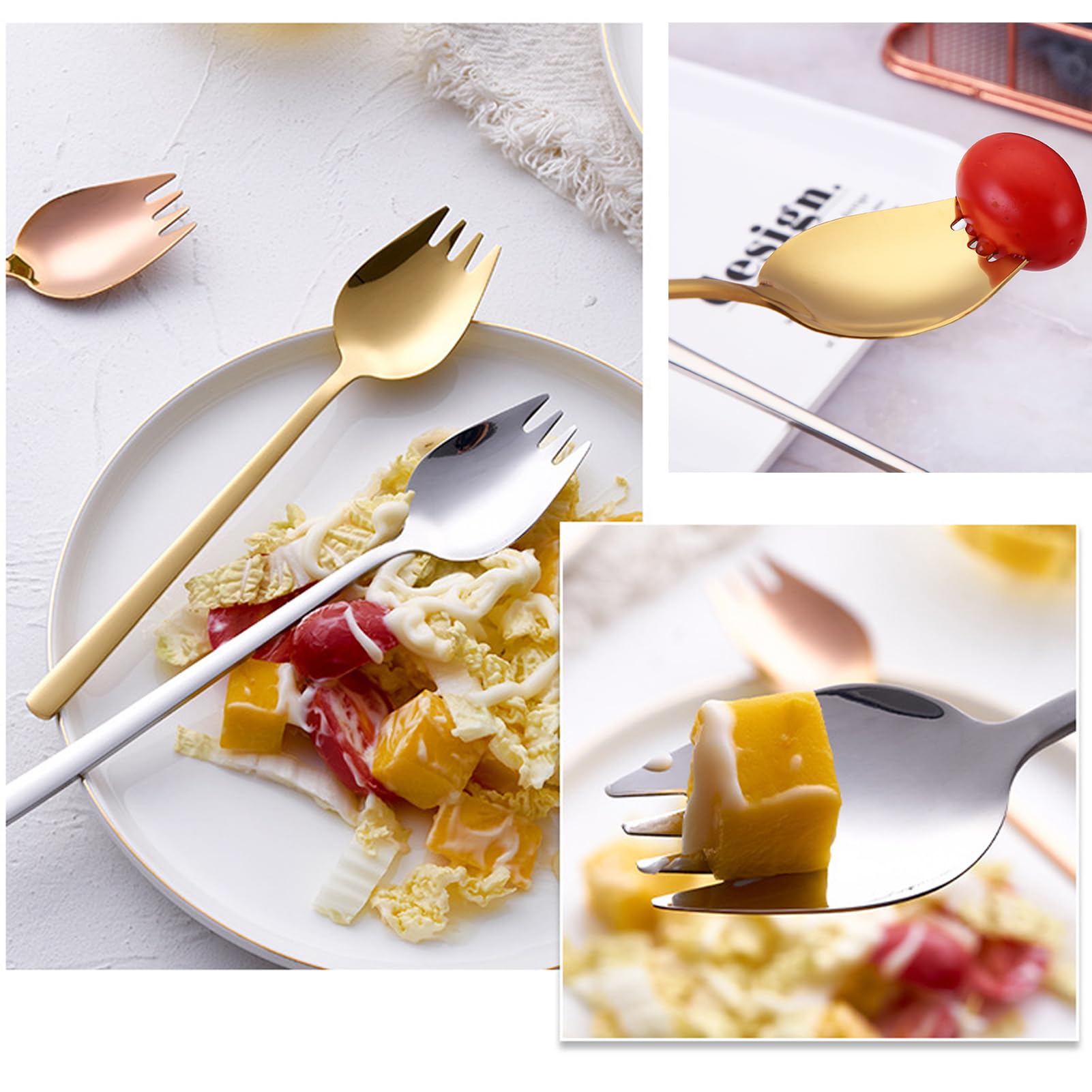 Sporks,4-Pack Salad Forks 18/10 Stainless Steel 7.4 Inches Long Handle Dessert Spoons Ice Cream Spoons Flatware Set Reusable Fruit Appetizer Dessert Forks for Household Use or Camping(Gold) — Amazon image 7