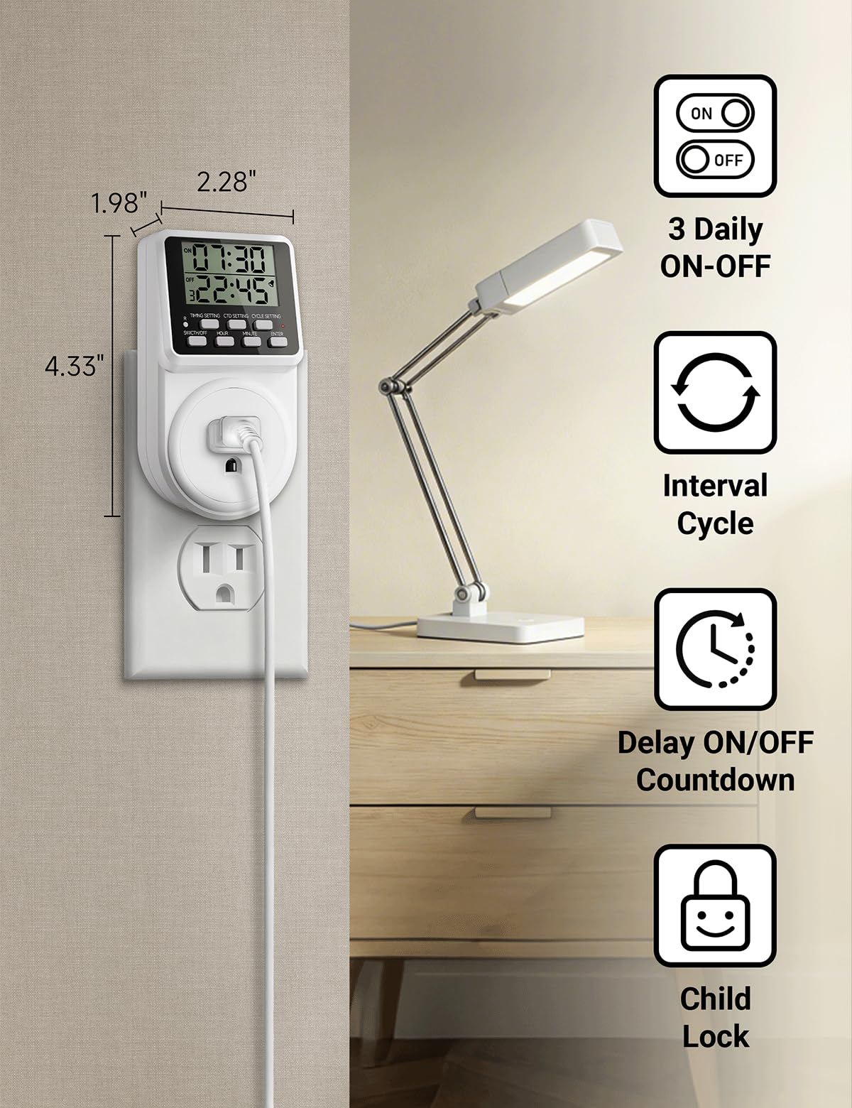 Temporizador digital programable diario con cuenta atrás y temporizador de ciclo de encendido y apagado periódico para luces y electrodomésticos