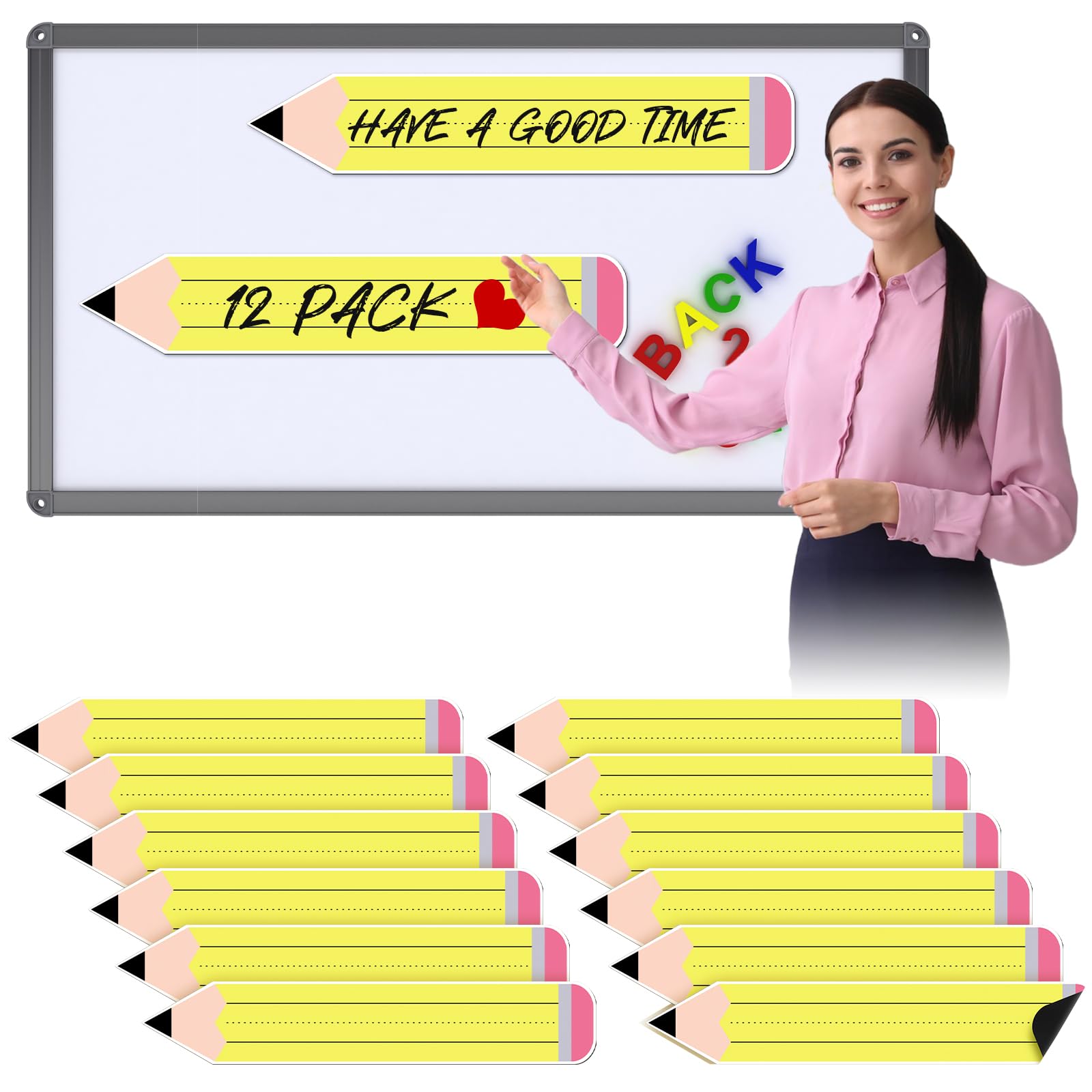 Ireer 12 Pack Pencil Shaped Magnetic Dry Erase Sentence Strips Teachers Magnetic Border Strips for whiteboard Classroom