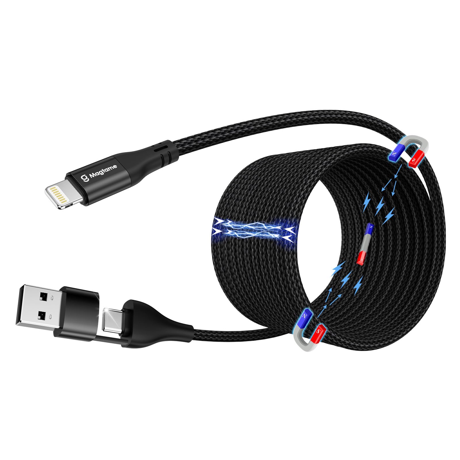 Magtame Magnetic Coiled Phone Ladekabel 2 in 1, 1.5M Multi Schnellladekabel USB A/C zu Light_ning Kabel, Datenübertragung geflochtenes Kabel MFi zertifiziert kompatibel mit Phone 14 Pro 13 12 11 XR