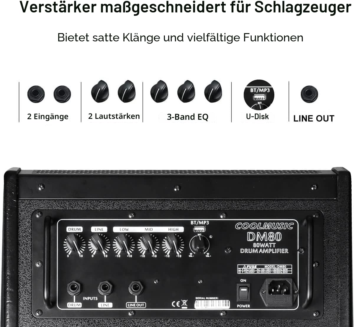Coolmusic DM80 AMP 80 Watt Elektronischer Drumverstärker Keyboard-Verstärker mit Aux In und Bluetooth, 2 Eingänge, 3-Band EQ und DI OUT