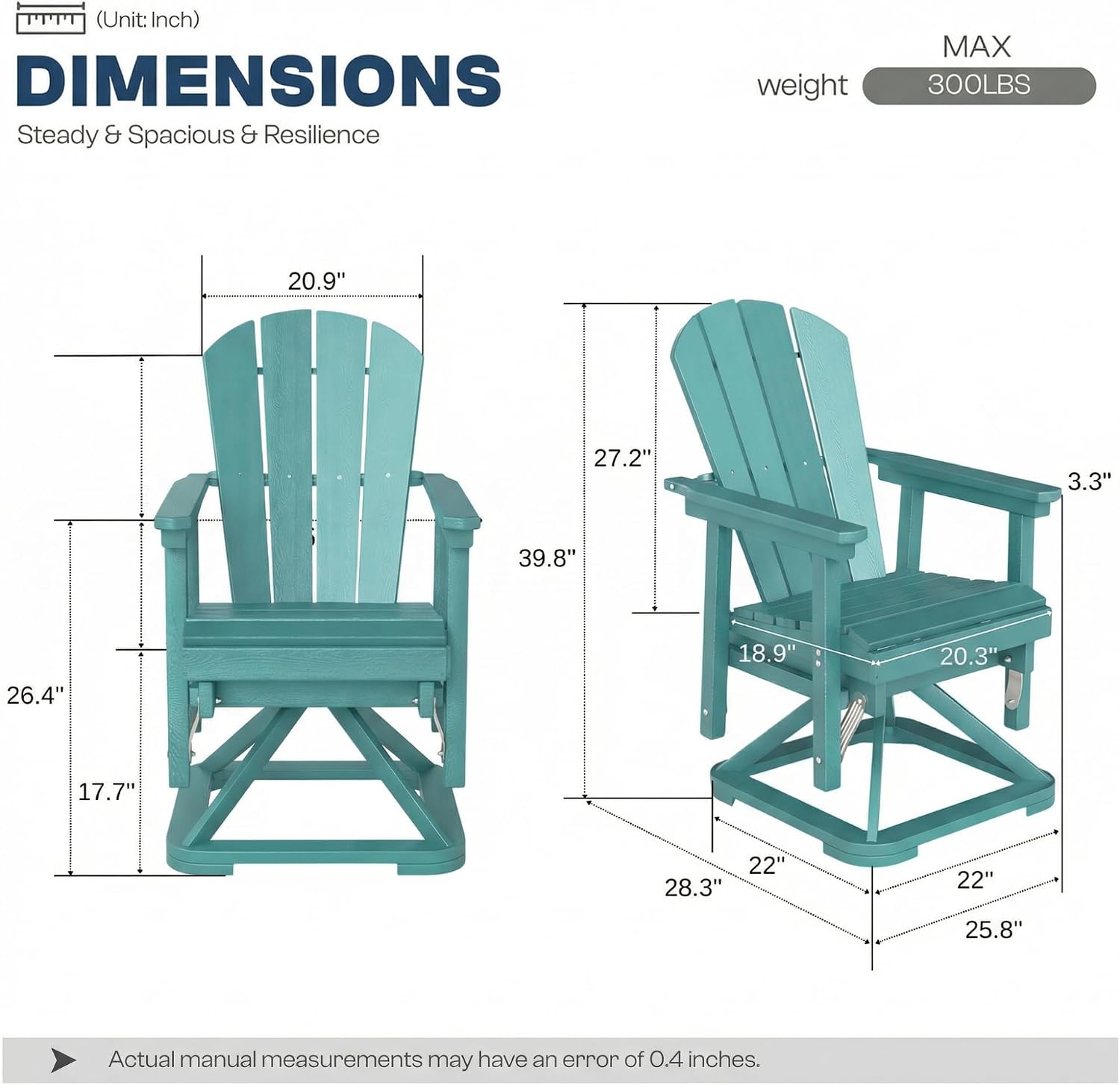 Adirondack Swivel Glider Chair, Heavy Duty HDPE All-Weather Swivel Rocker for Outdoor, 360 Degree Rotation & Smooth Gliding Motion for Fire Pit, Porch, Deck, Aruba Blue