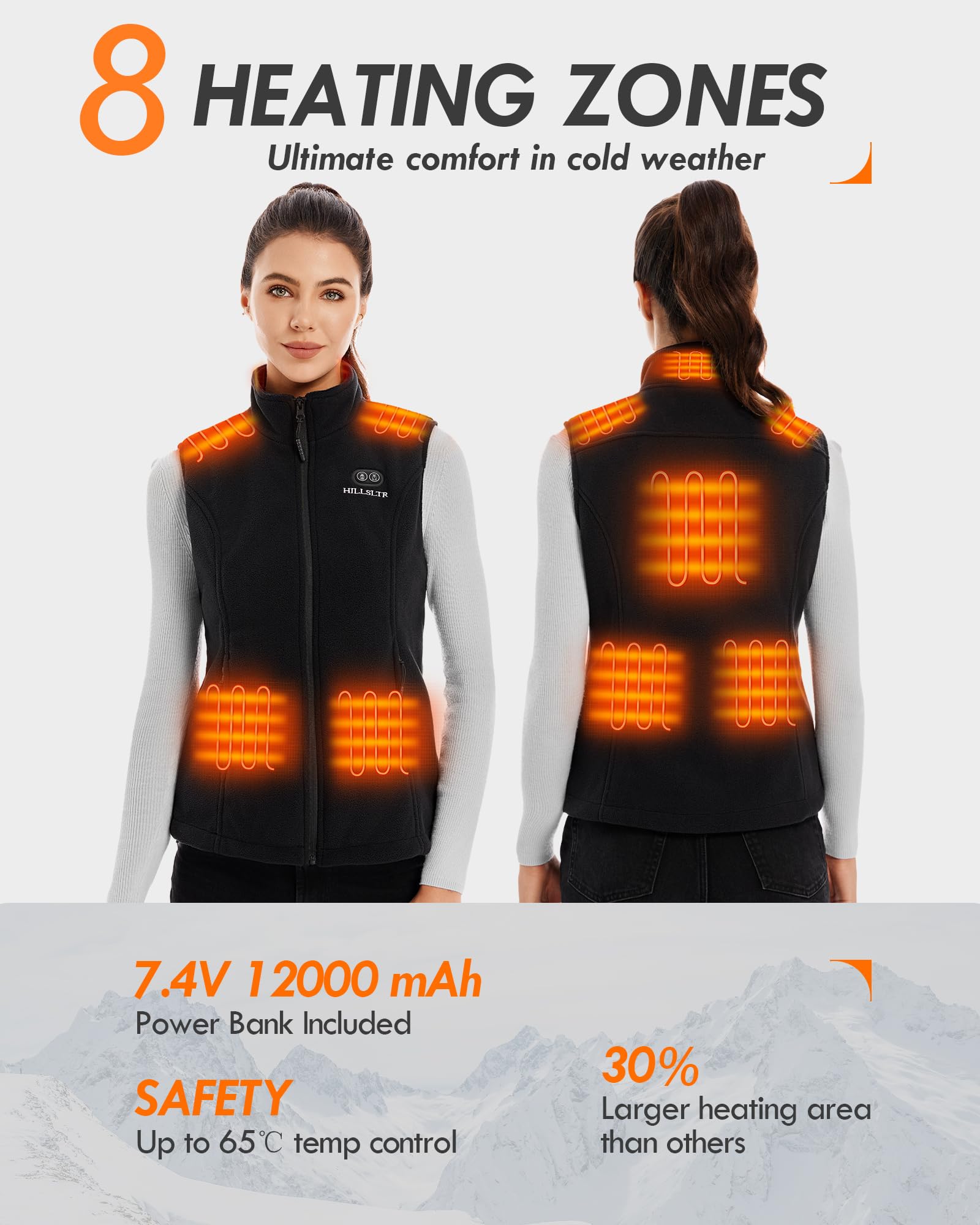Beheizbare Weste, Fleece Heizweste Damen mit Powerbank 7.4V 12000mAh, Heizweste mit 8 Heizzonen, Beheizte Weste mit 3 Temperatur, Wärmeweste für Ski/Motorrad