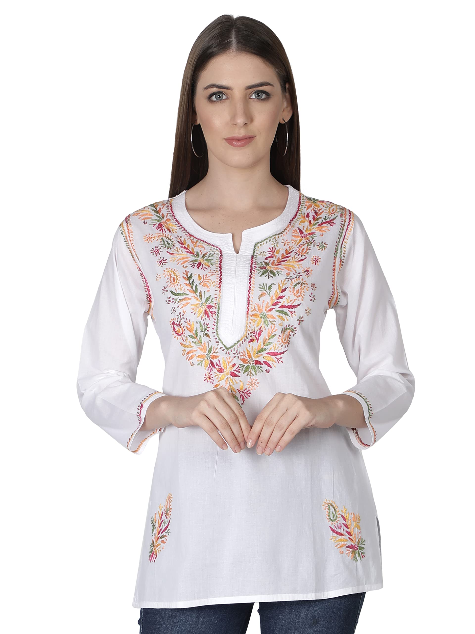 seva chikan Hand Embroidered Lucknowi Chikankari Cotton Short Kurti Tunic Top for Women SCL4076-picture-45