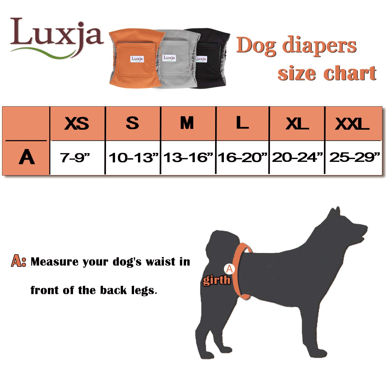 Luxja Wiederverwendbare Hundewindeln für Rüden (3 Stück), waschbares Welpen-Bauchband, (schwarz + grau + blau, XXL)