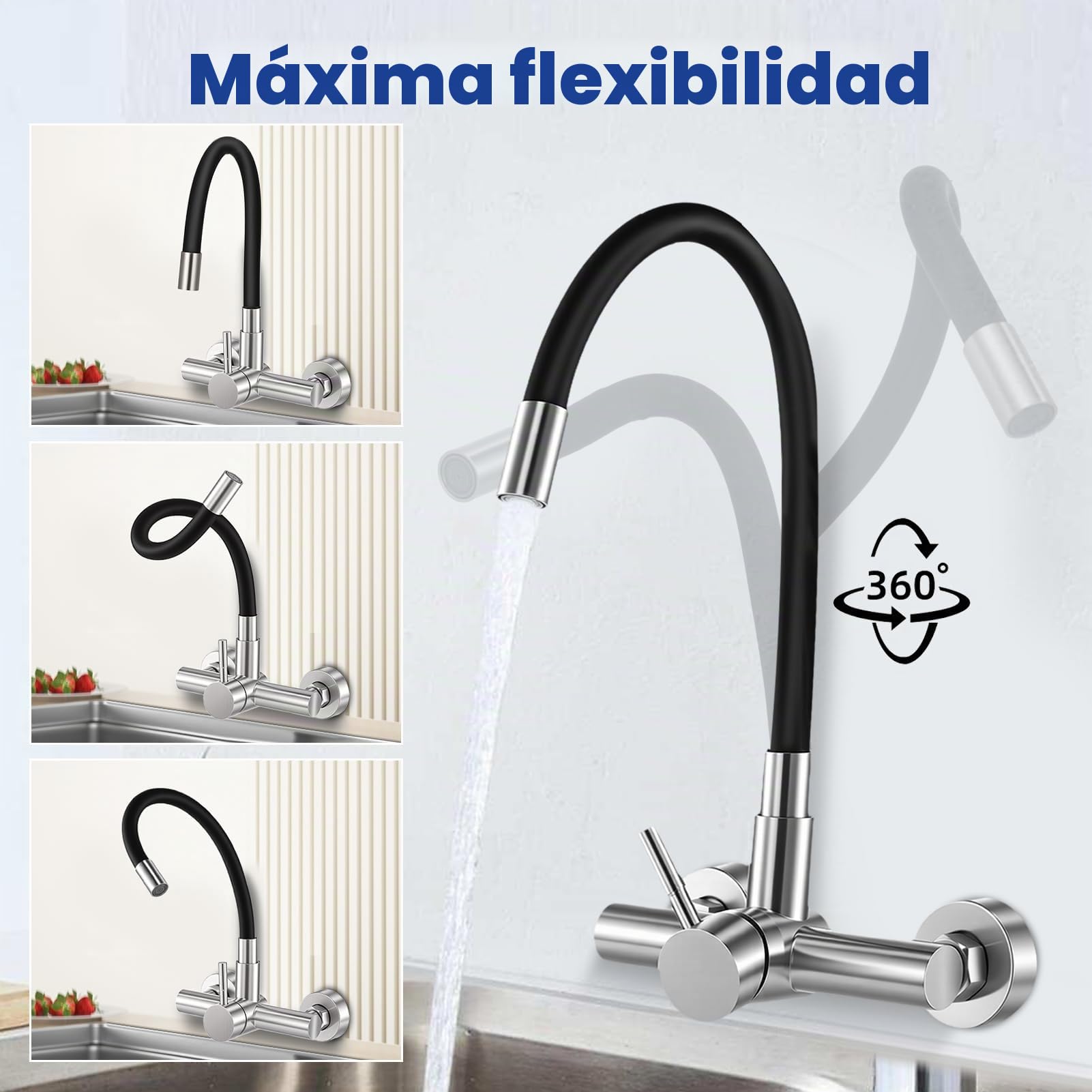 Grifo de cocina flexible negro, grifo de cocina con dos modos para agua fría y caliente, brazo giratorio de 360 grados, para cocina, baño y lavandería