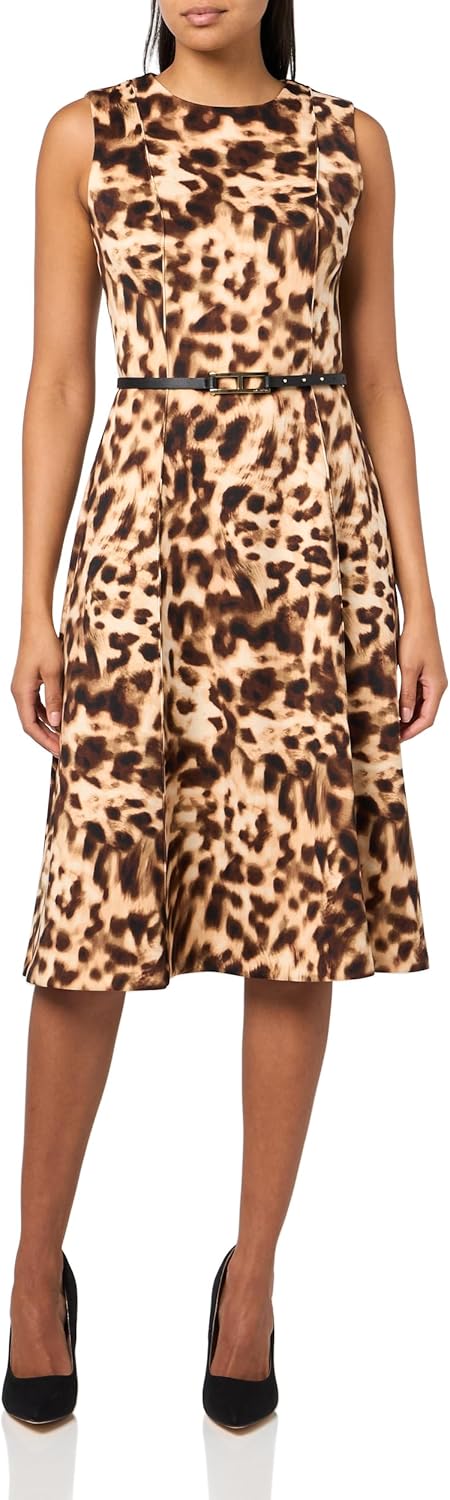 HALSTON Womens Sleeveless High Neck Belted Scuba Dress