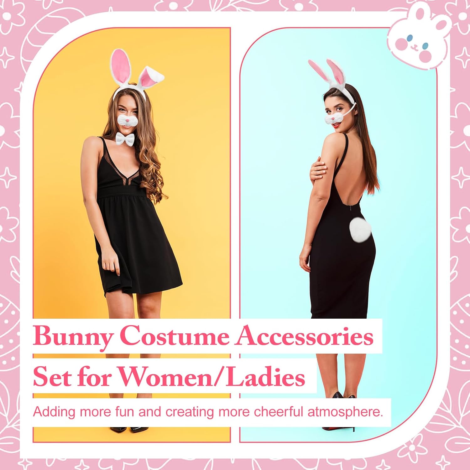 Easter Bunny Costume for Women - Plush Bunny Ears Headband, Bowtie, Nose, Tail Set - Party Cosplay Dress Up - Image 2