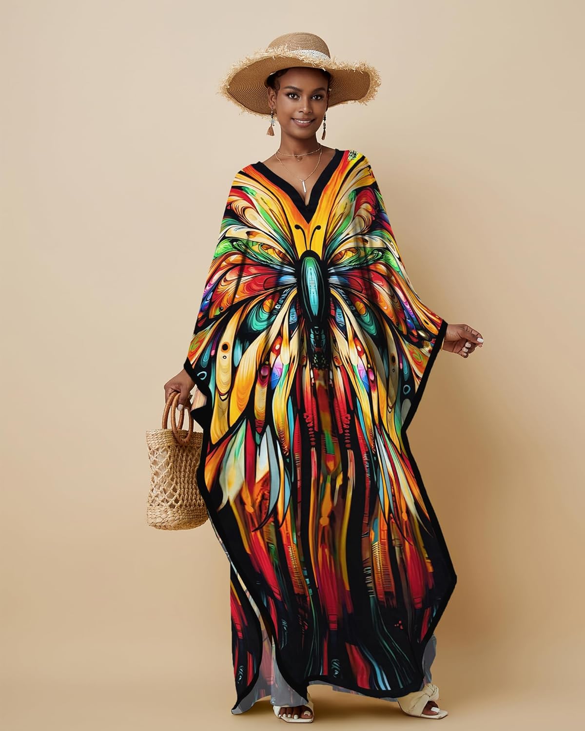 Bsubseach Kaftan Dresses for Women Floral Print Caftans Bathing Suit Cover Ups Plus Size Long Beach Coverup Dress - Image 2