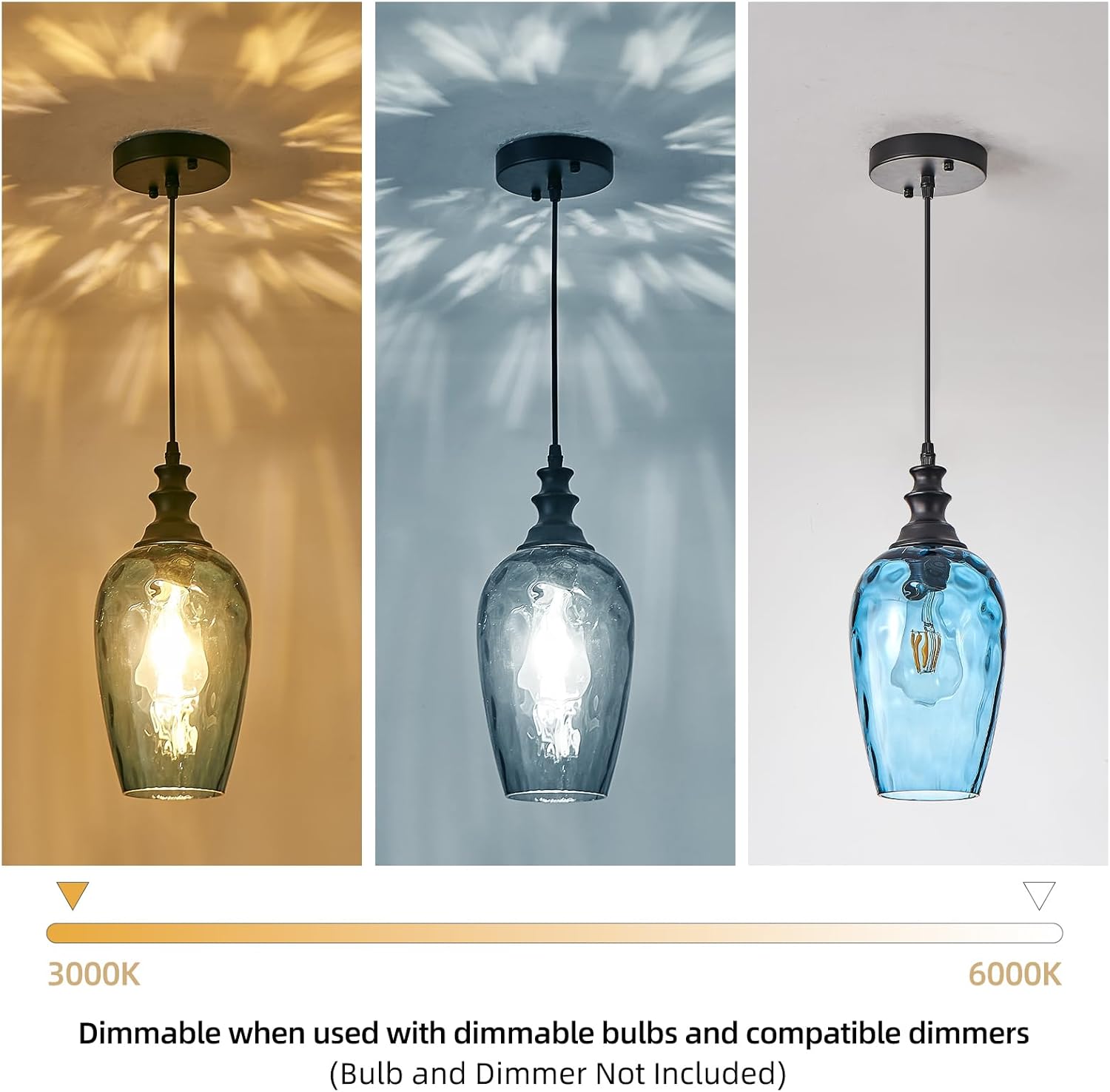 Pendant Lights Kitchen Island, Hanging Lighting Fixtures Dark Blue Water Ripple Glass Lamp Shade Black Pendant Light Fixtures for Kitchen Island Bedroom Living Dining Room Light Fixture