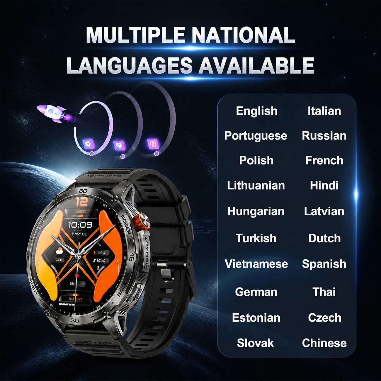 Montre Connectée Homme GPS Grand Écran, Modes Sportifs Multiples, Lampe De Poche Intégrée Et Longue Autonomie Multifonction Montre Homme Black Orange,27 * 5.2 * 1.2cm