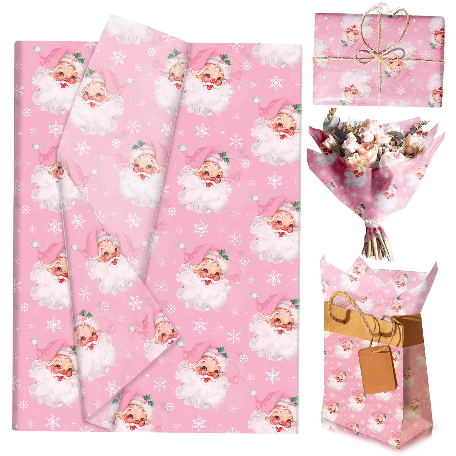 50 Sheets Christmas Tissue Paper Sheets for Wrapping Gifts, 50x35cm Pink Santa Gift Wrapping Paper for Packaging Gift Bags,Tissue Papers Bulk for Craft DIY Birthday Christmas New Year Party Decoration
