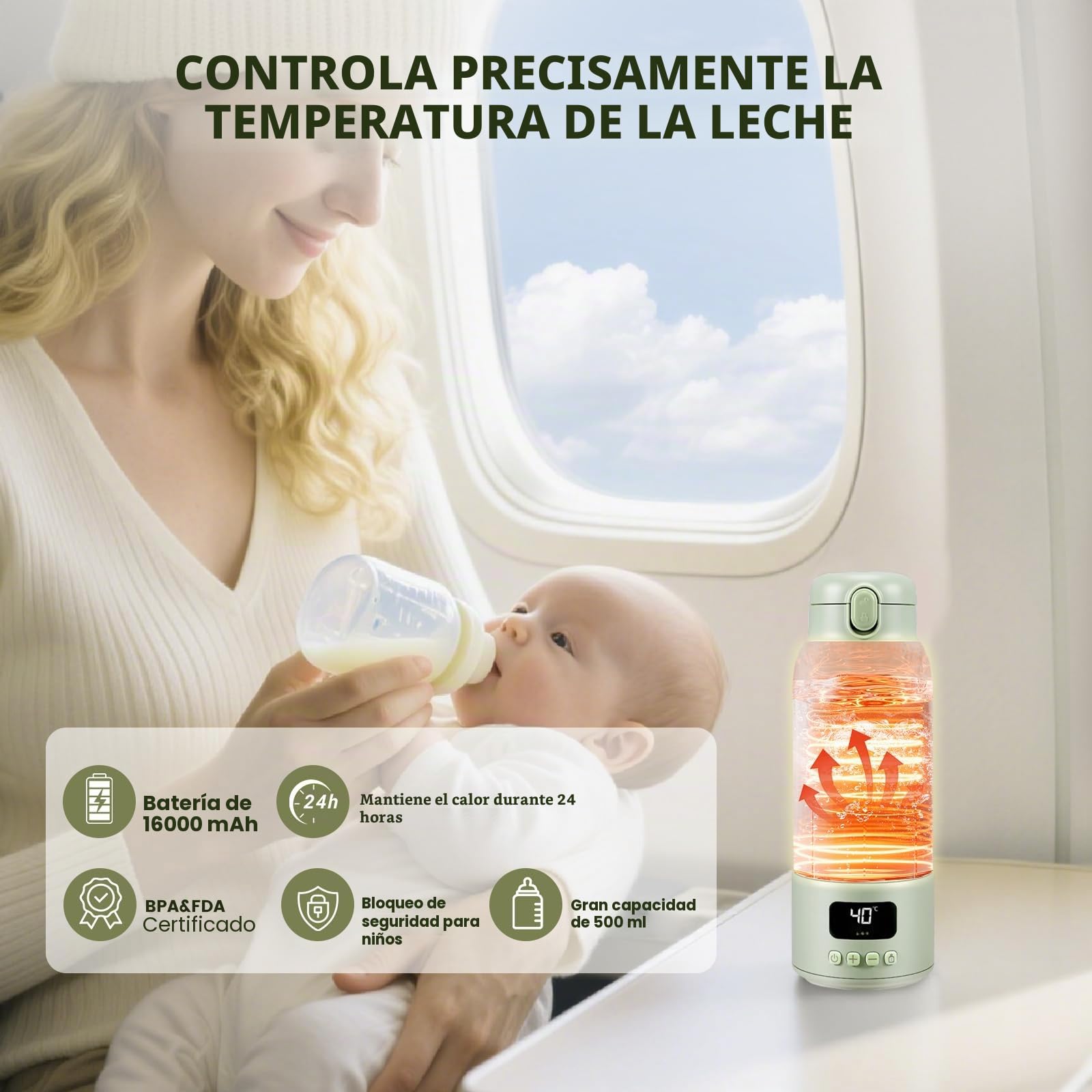 Calienta Biberones Portátil, 500ml Calentador de Leche Portatil para Bebes, ajustable de 37 a 70 grados, Calentamiento Rápido y Larga Duración de la Batería, 16000mAh para leche materna, leche y agua
