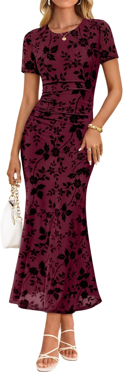 ZESICA Women's Summer Short Sleeve Floral Bodycon Dress 2026 Ruched Mesh Wedding Guest Cocktail Party Maxi Dresses