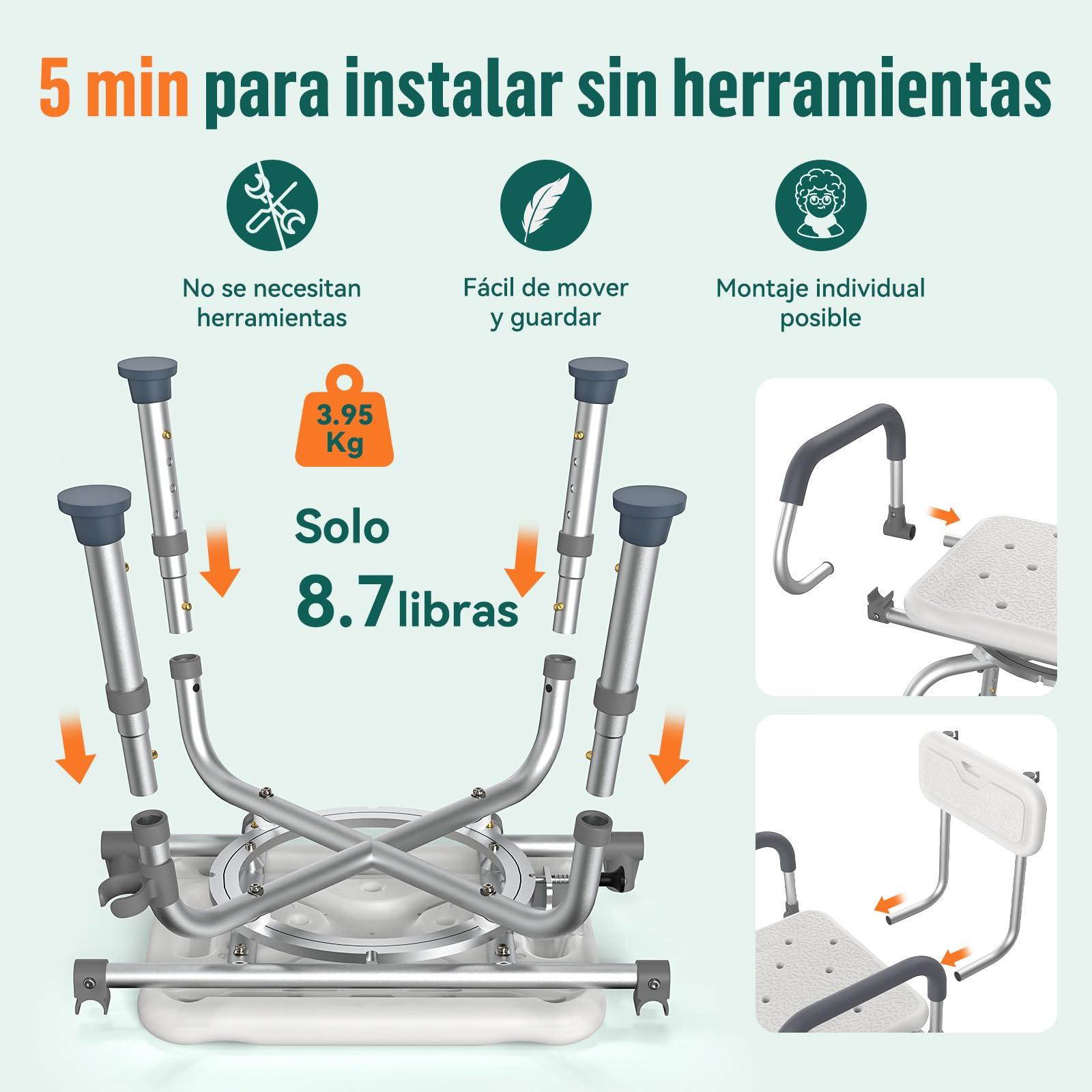 Silla de Ducha Giratoria 360° – Silla de Ducha Ajustable con Respaldo y Reposabrazos Abatibles, Taburete de Ducha Antideslizante de Aluminio para Mayores y Personas con Movilidad Reducida