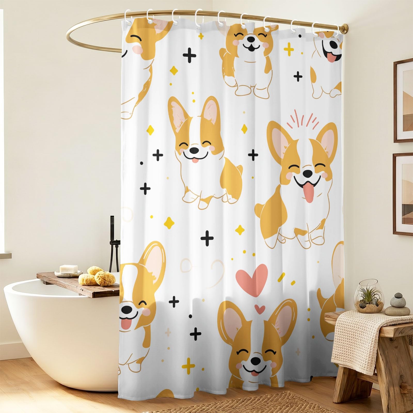 Urocza zasłona prysznicowa dla zwierząt domowych, 120 x 200 cm, kreskówkowe Corgi, serce, zasłony do wanny, biała, wodoodporna, odporna na pleśń, zasłony łazienkowe do dekoracji łazienki, z haczykami