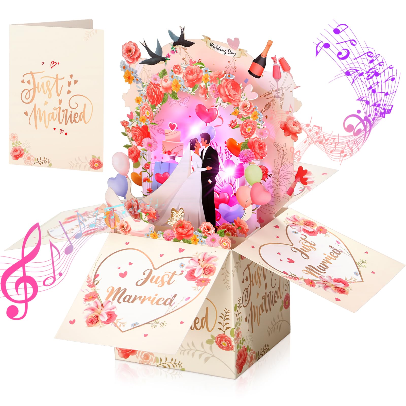 Hochzeitskarte mit Musik und Licht, Just Married 3D Pop Up Romantische Karte für Braut und Bräutigam, Verlobung, Hochzeit, Brautparty, Geschenkkarte, Faltbare Erinnerungsbox mit Blanko Nachricht Karte