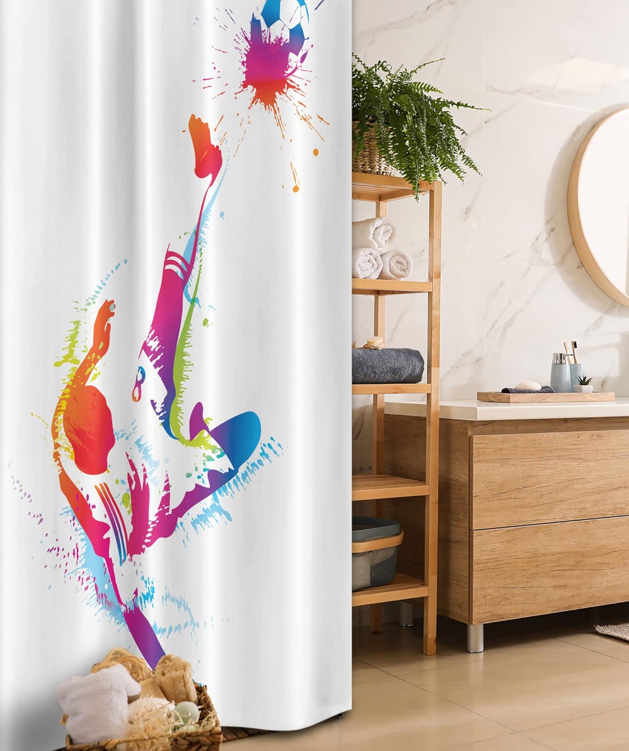 Ambesonne Soccer Stall Shower Curtain, Soccer Man Kicks The Ball in The Air Watercolors Success Energy Feet Illustration, Fabric Bathroom Decor Set with Hooks, 36" W x 72" L, White Multicolor