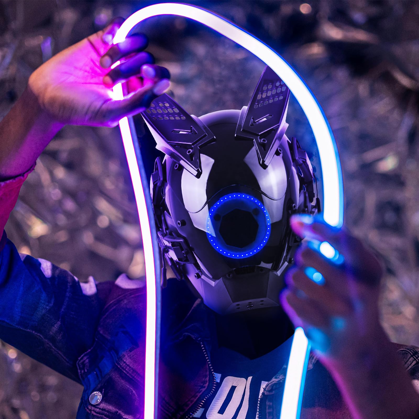 Punk LED Light Mask with Blue Neon Glow, DIY Accessories Set - Adjustable Techwear Half Helmet for Cosplay Halloween, Techwear Costume - Image 4