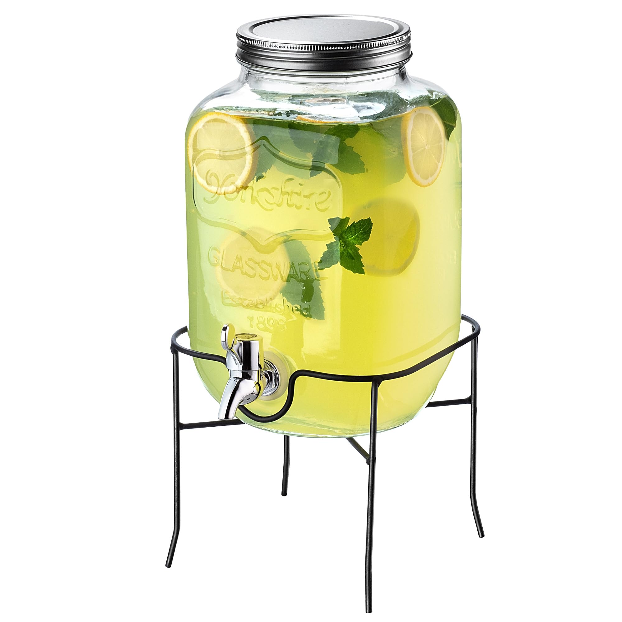 KADAX Distributore di bevande 4L con supporto, dispenser di succo in vetro, erogatore di acqua con rubinetto e coperchio, distributore di limonata, dispenser per bevande fredde (modello 3)