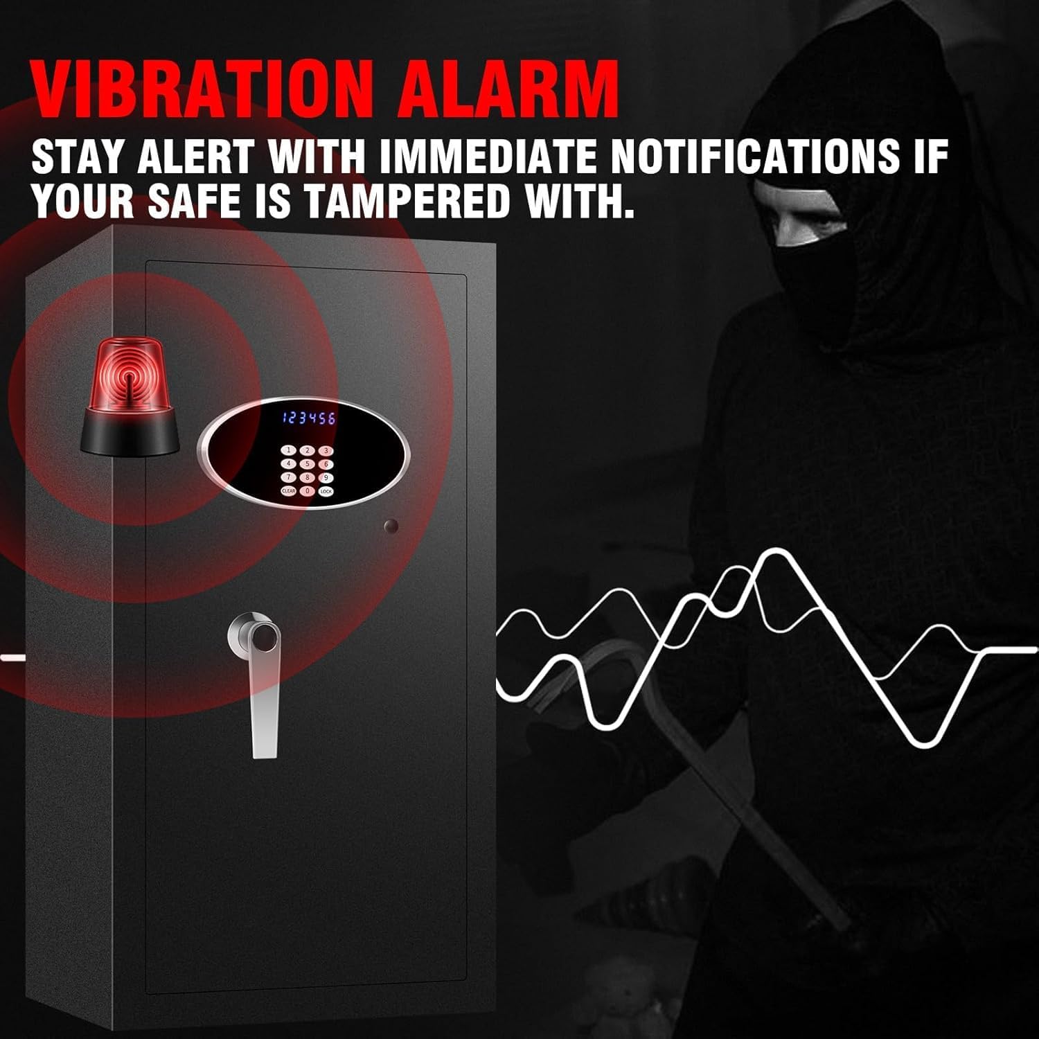 ToruKeep DLA80 safe with vibration alarm activated, showing a red flashing light and sound waves.