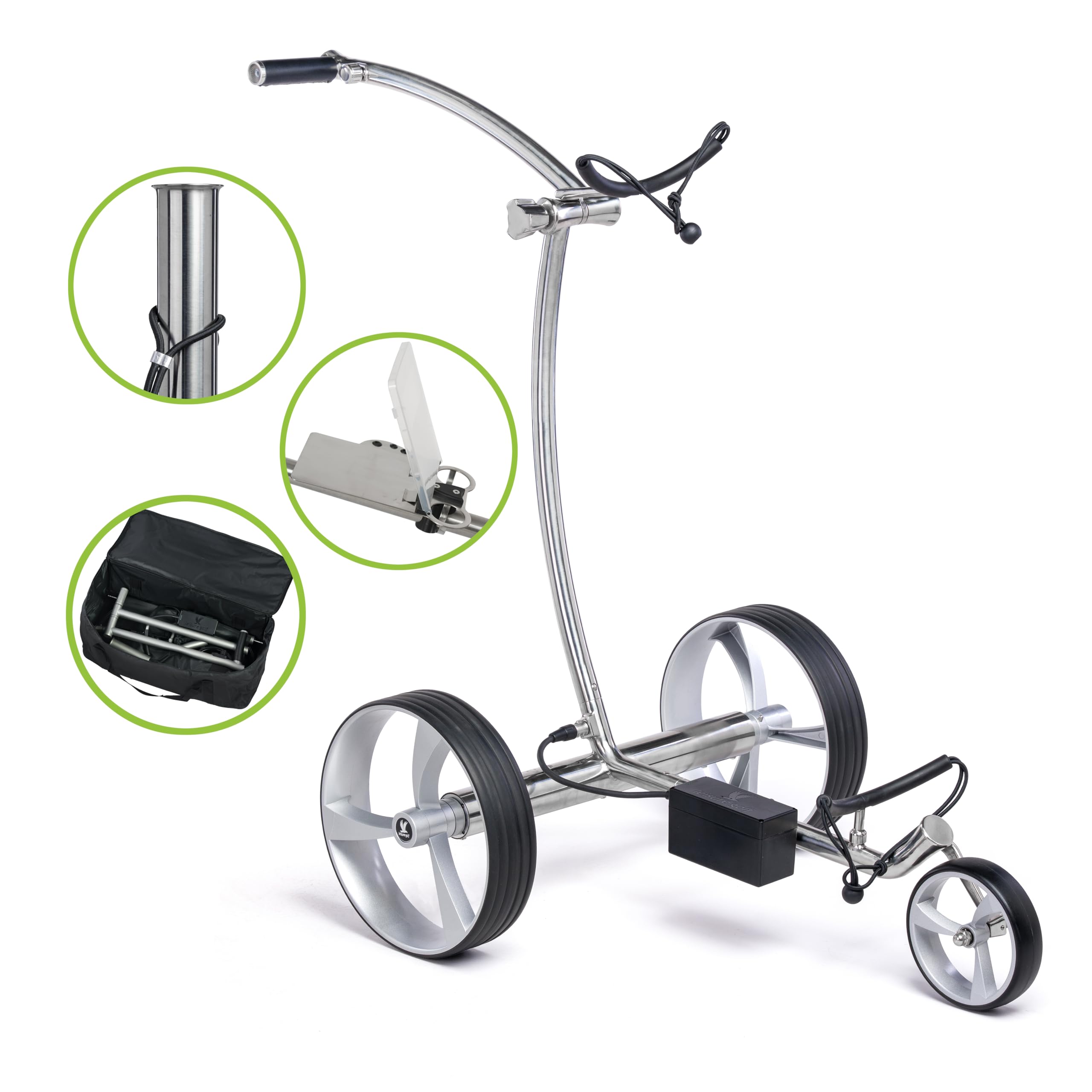 Leisure Golf Elektro Golftrolley Taurus Travel Curve Poliert mit Zubehörpaket