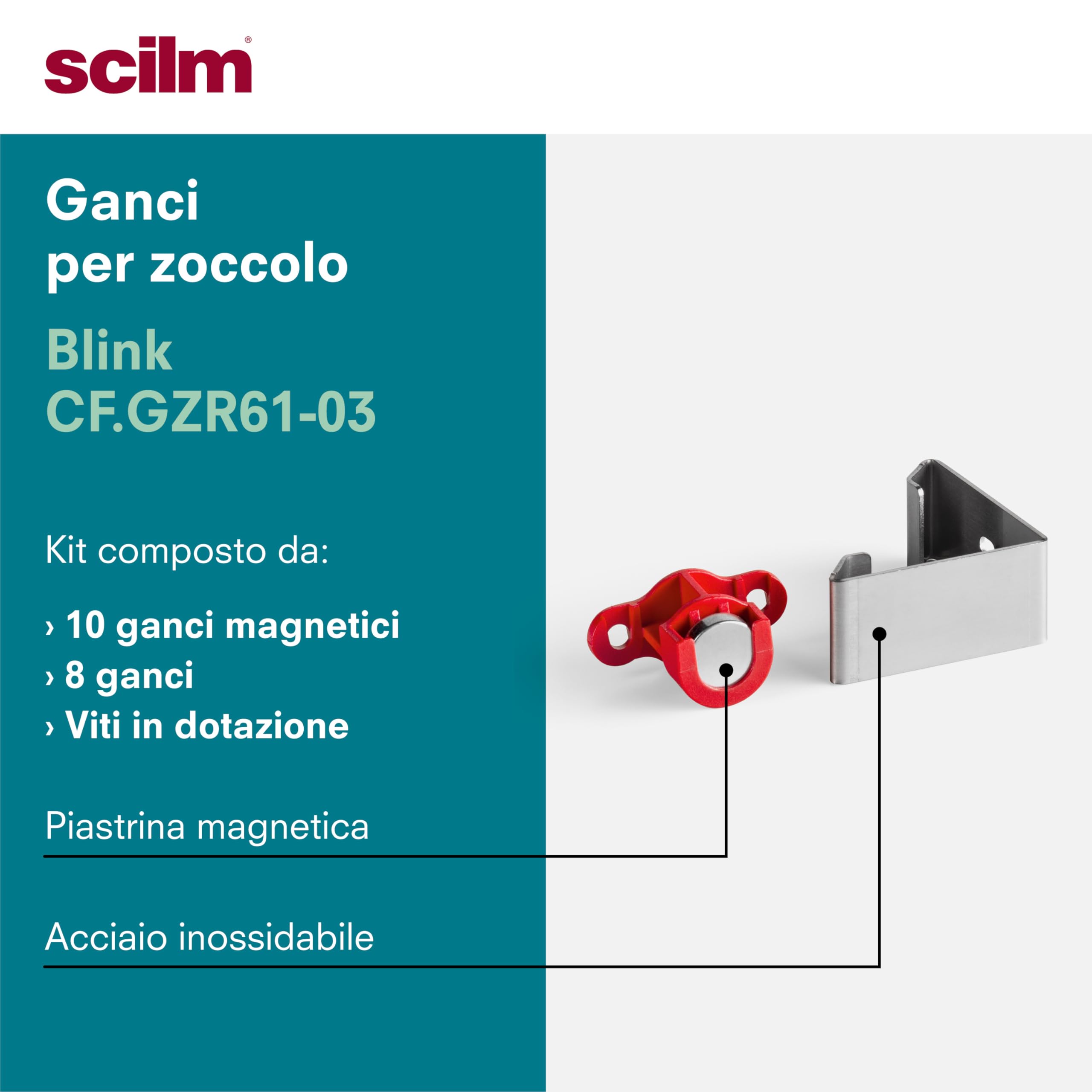 Kit 10 Ganci Magnetici e 8 Ganci Piedino per Zoccolo in Legno da Cucina - Compatibile con i piedini da 34 mm di Diametro e regolo con diametro 80 mm - Leva per Sgancio Zoccolo inclusa