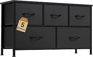 DWVO Dresser with 5 Drawers - Fabric Storage Tower, Organizer Unit for Bedroom, Living Room, Closets - Sturdy Steel Frame, Wooden Top (Black)